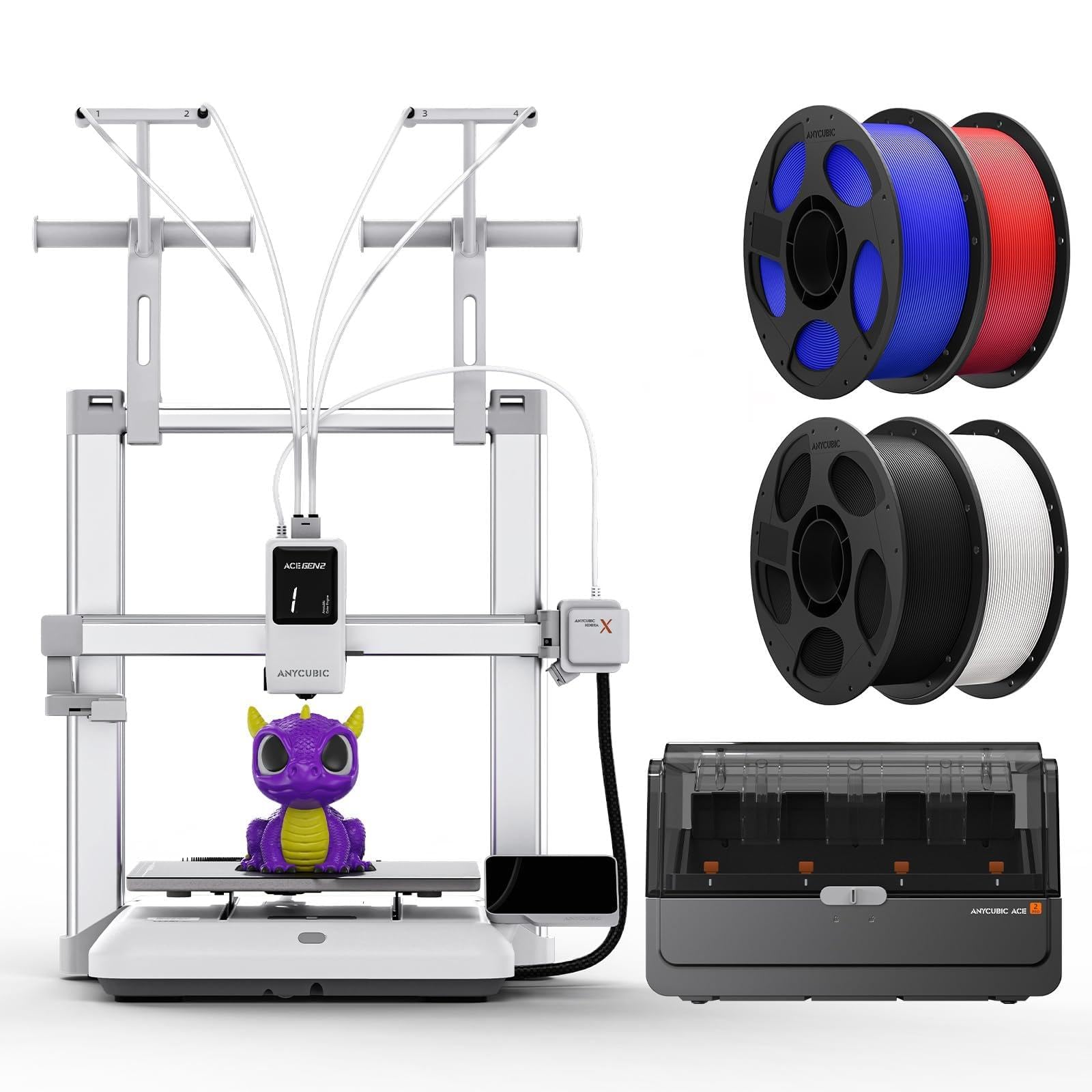 Anycubic Kobra X Combo Impresora 3D LeviQ 3.0 Automatic Leveling 300 °C Hotend Metálico y PLA Filamento 4KG con Carrete Desmontable Negro + Blanco + Azul + Rojo