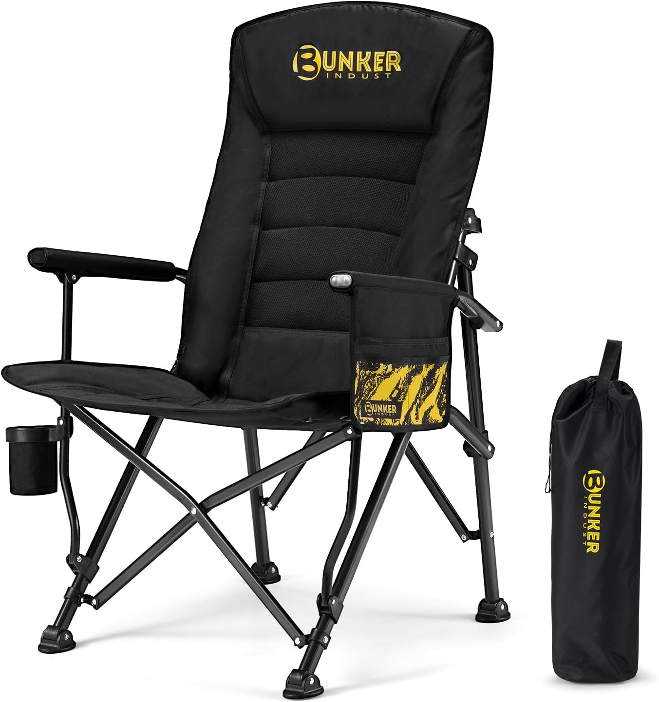 BUNKER INDUST Folding Camping Chair, Oversized with Padded Cushion, Outdoor Chair with Cup Holder Storage Pockets, Adjustable High Backrest Supports 450 LBS for Garden Beach Fishing Lawn