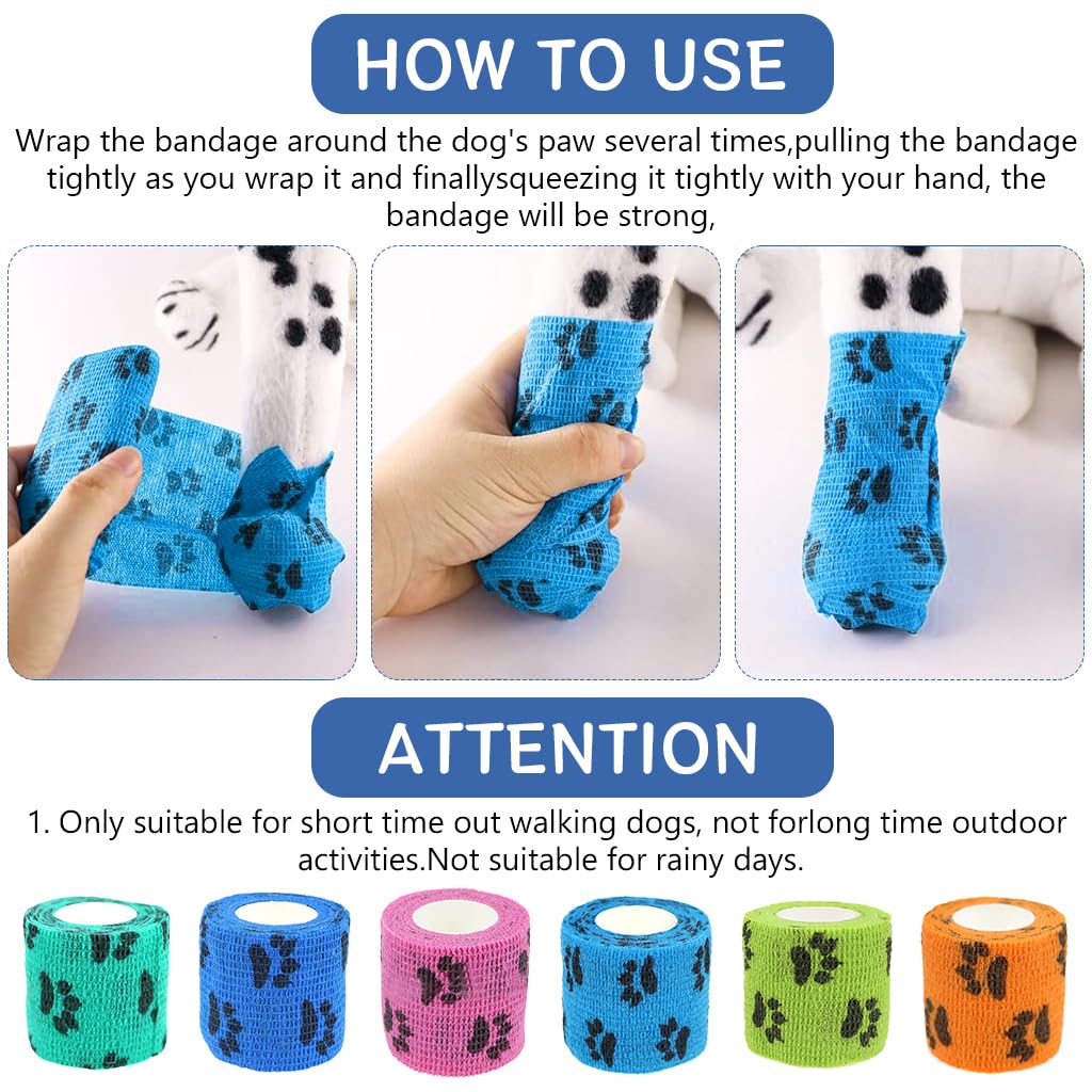 Qpets® 6Pcs Dog Bandages for Walk, Self-Adhesive Pet Bandage with Paw Print 2