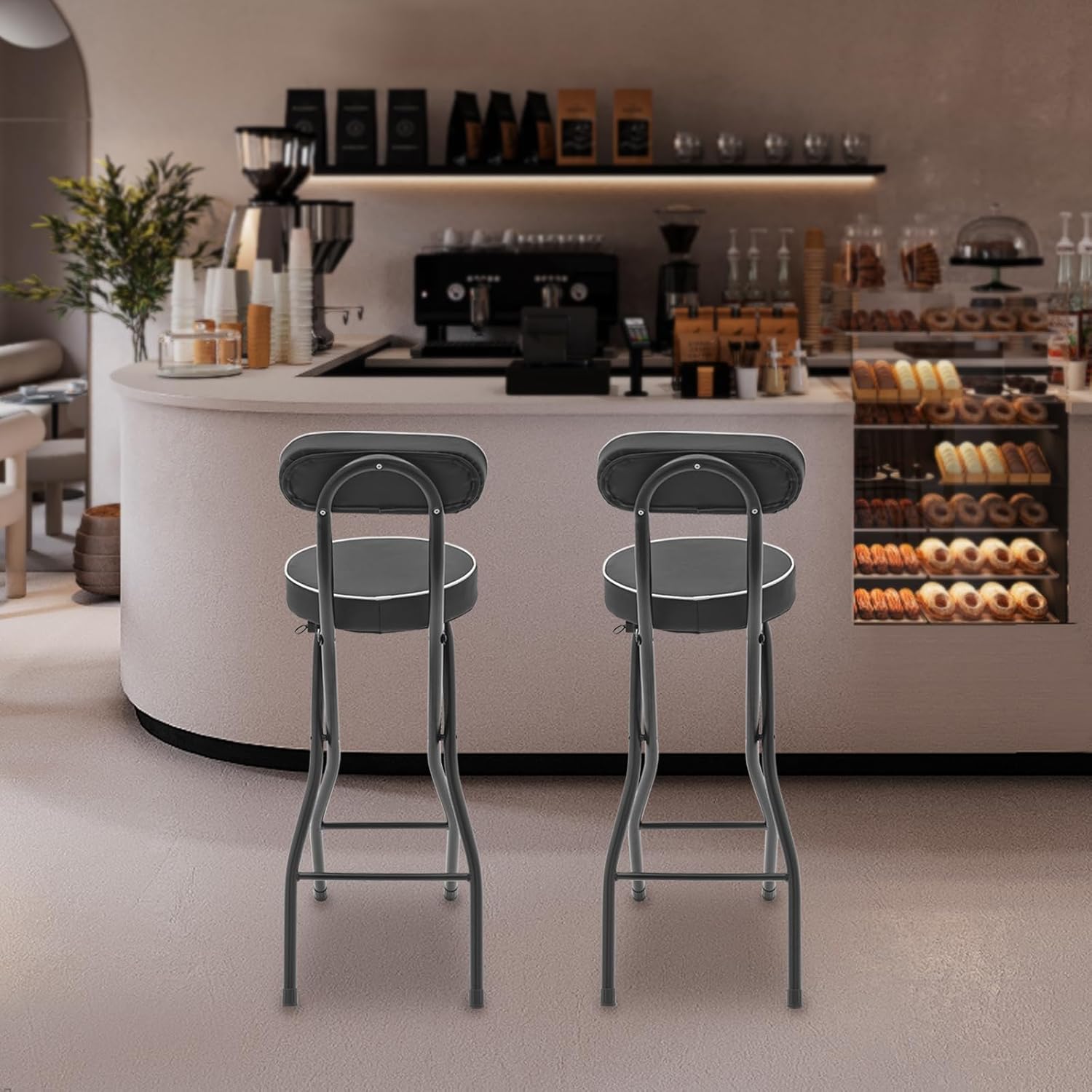 Cushioned Padded Folding Stool, 2PCS Tall Foldable Stools with Backrest, Bar Folding Stool, Portable Collapsible Counter Height Chair for Kitchen Island Shop Cafe Dining (Black)