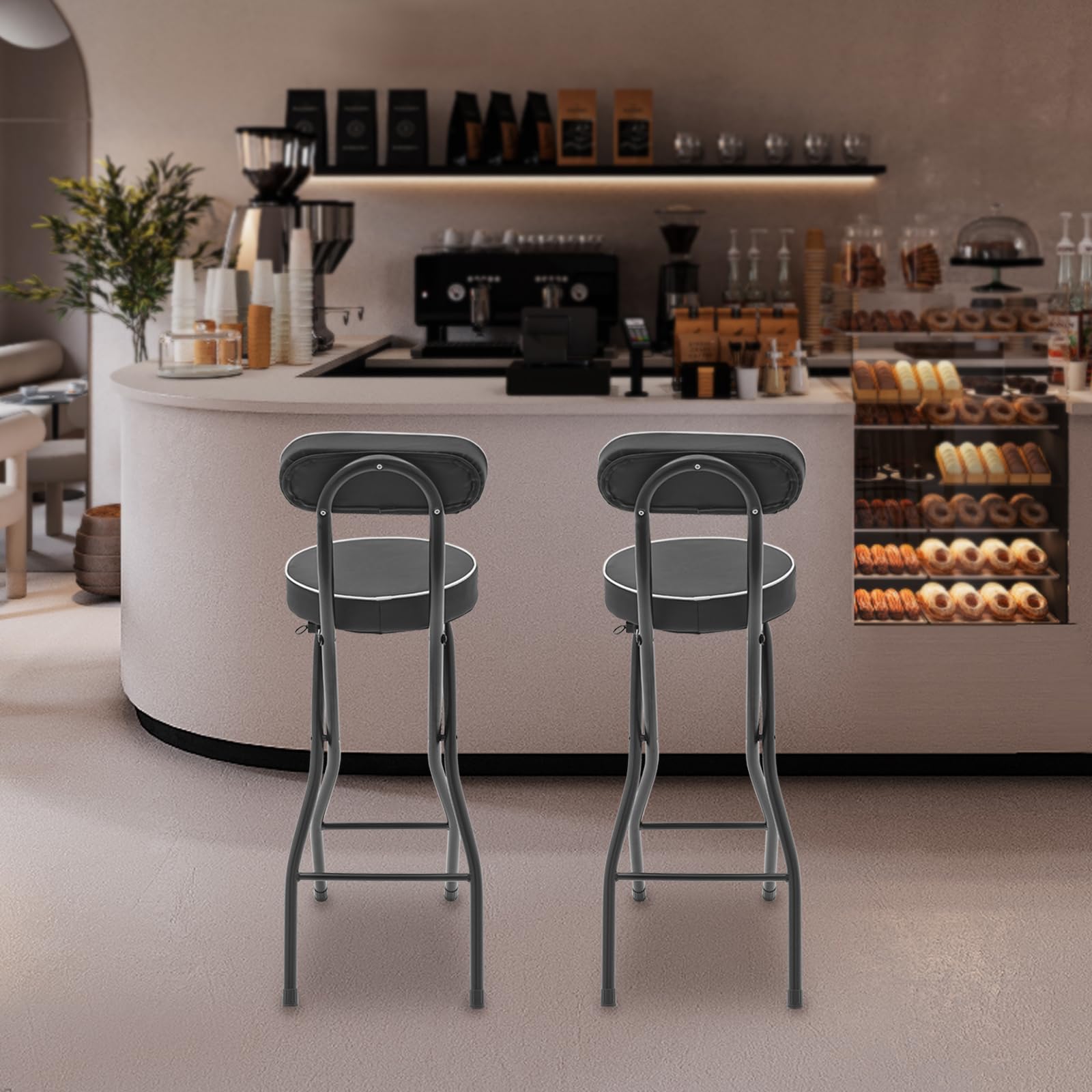 Lot de 2 tabourets de bar pliables avec dossier, repose-pieds en plastique antidérapant, verrouillage de sécurité, noirs