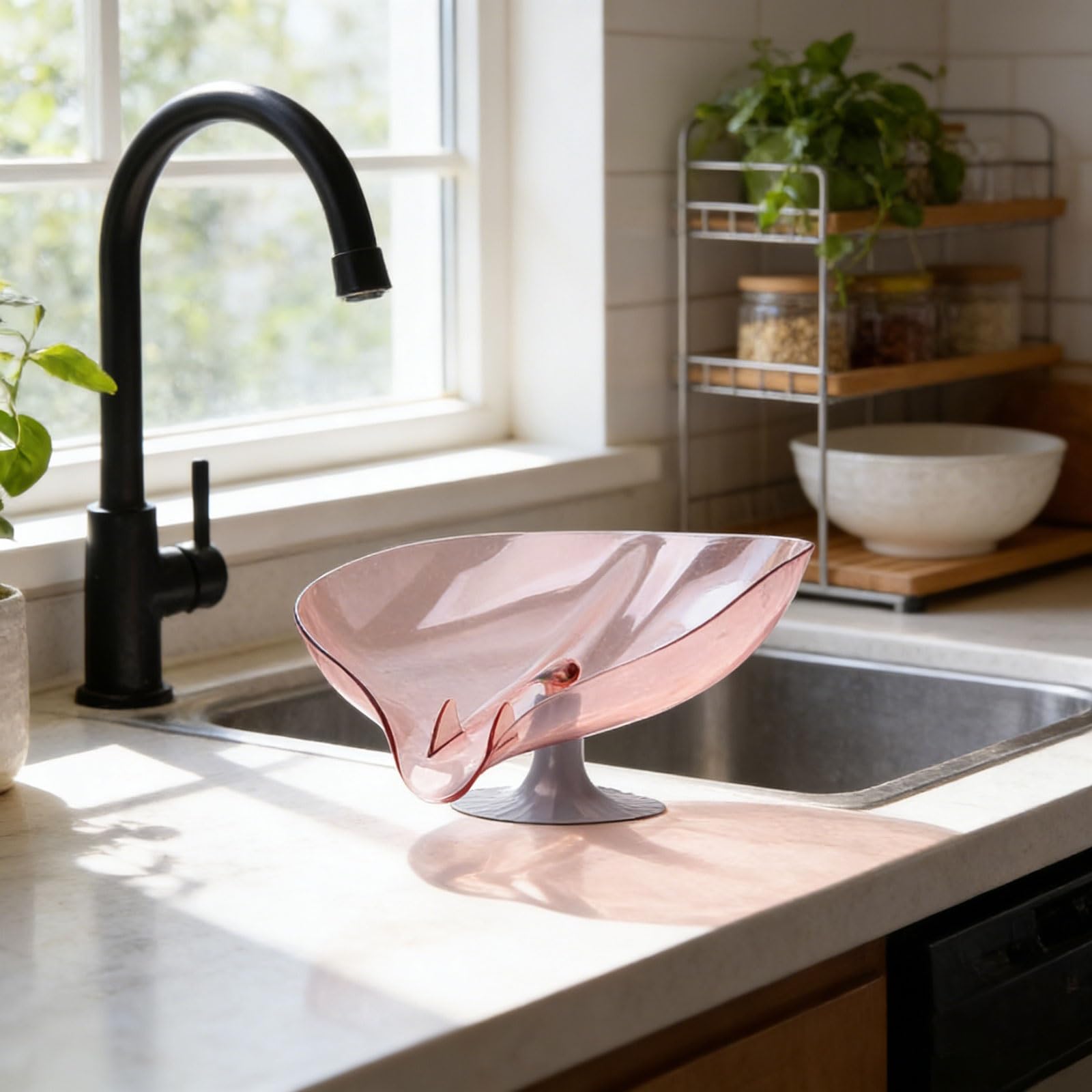 Porte-éponge pratique rose à ventouse et plateau égouttoir pour évier de cuisine – Plateau robuste et peu encombrant pour un nettoyage facile