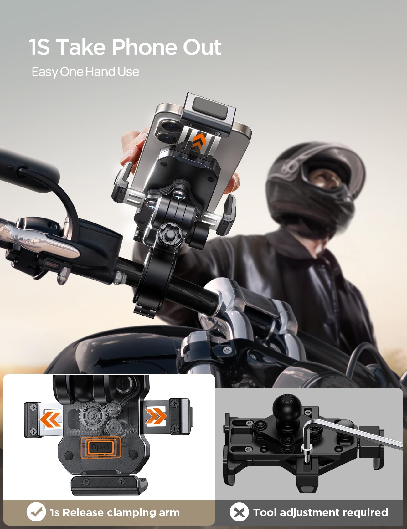 JOYROOM Uchwyt na telefon motocyklowy ze stopu aluminium, metalowy uchwyt na telefon motocyklowy z tłumikiem wibracji, do roweru, skutera ATV/UTV, kompatybilny z iPhone, Samsung, wszystkimi telefonami