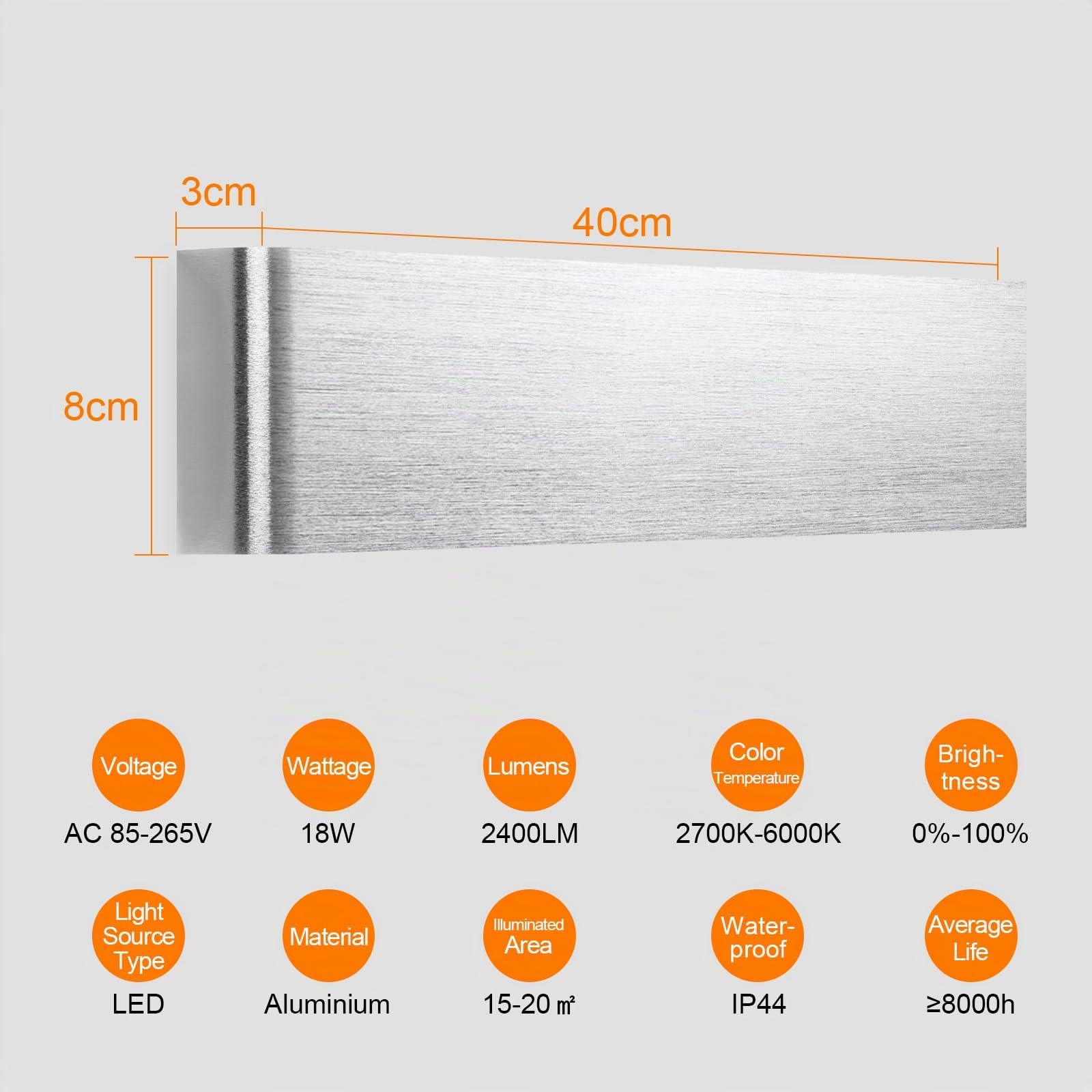 ENCOFT 18W Lámpara de Pared Interior LED, 40cm Aplique de Pared Regulable con Control Remoto, Apliques de Interior Up Down Spot, Iluminación de Pared en Aluminio 2700K-6000K, 0-2400LM, Plateado