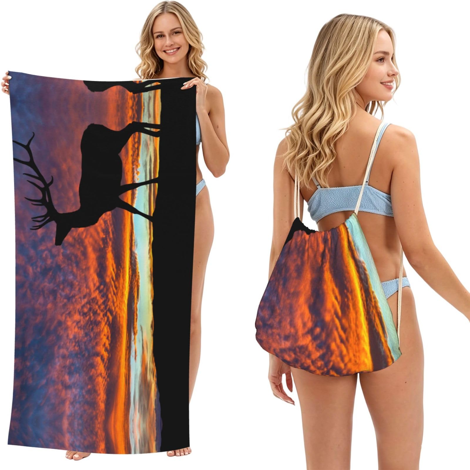 ESNAIUVCD Red Deer Bull Elk Sunset Print Beach Towel For Adults,Towel With Drawstring Bag, Travel Pool Swimming Sports Shower Sand Free Quick Dry Bath Towel For Pool, Beach, Yoga- 180x60cm