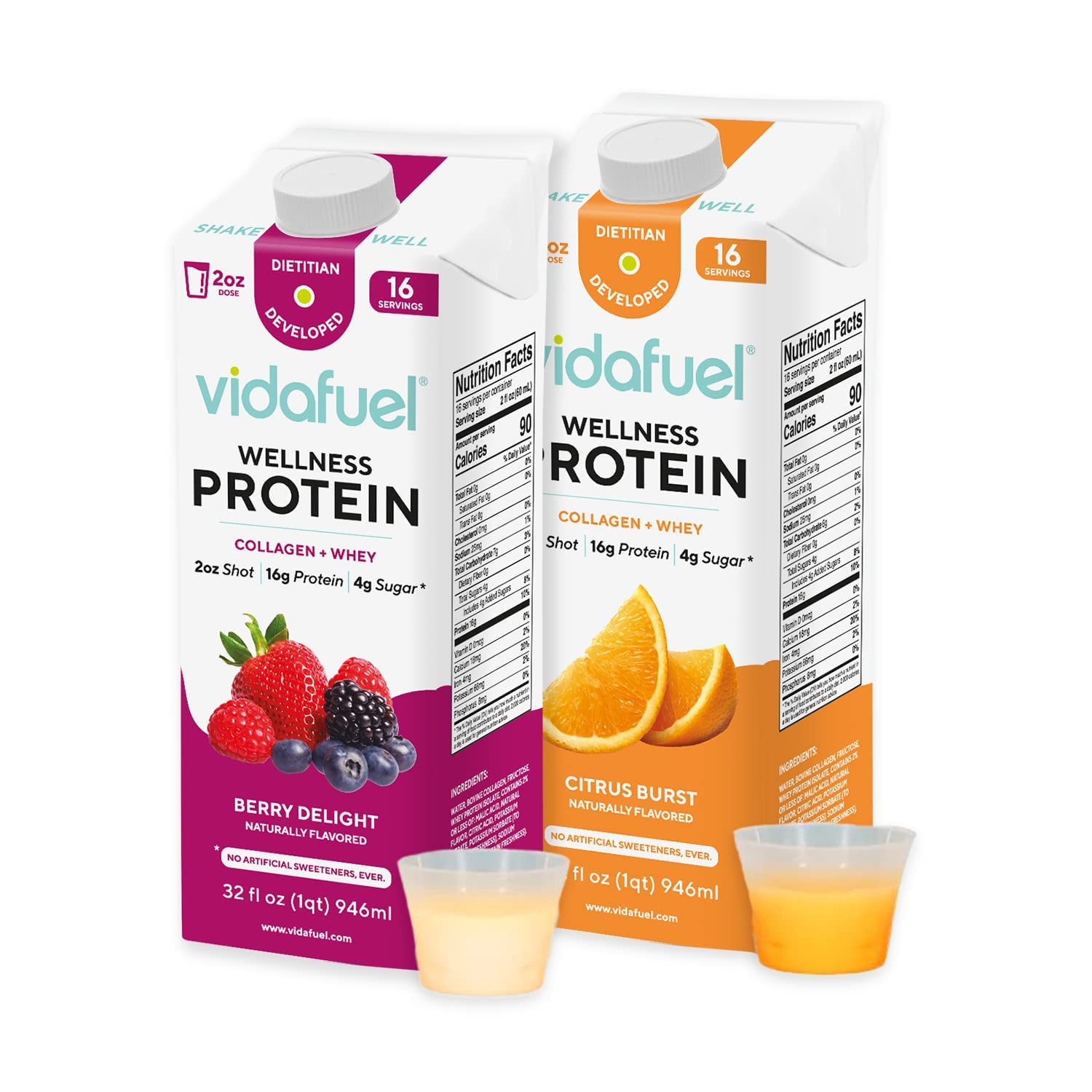 VIDAFUEL Bebida proteica pronta para beber, Berry&Citrus, 16 g de proteína por porção de 60 mL, pacote com 2