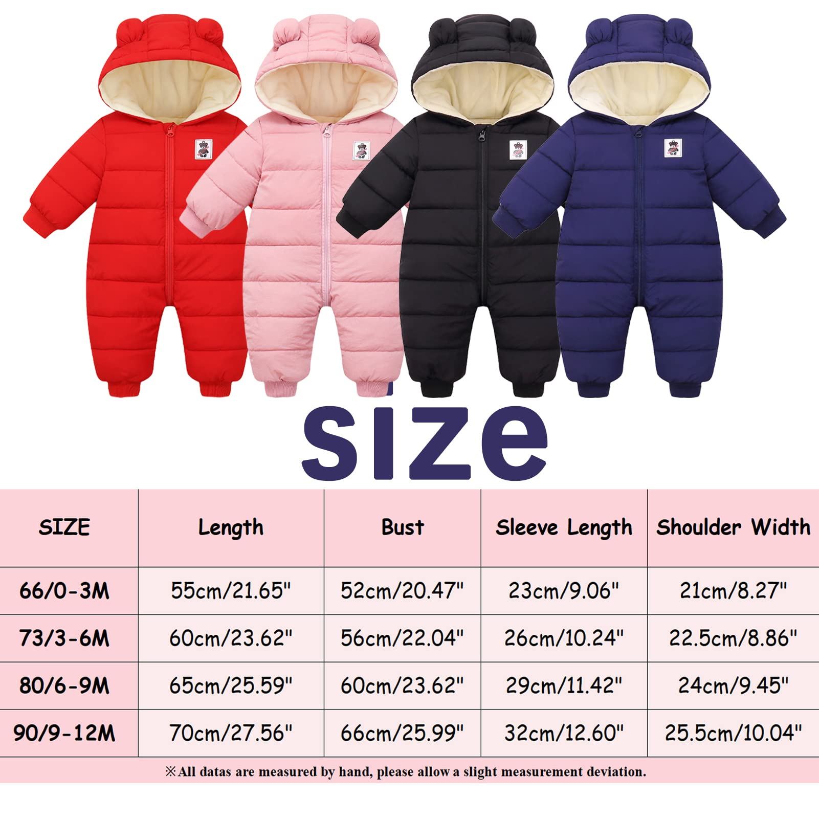 JiAmy Combinaison de neige d'hiver pour bébé fille et garçon, barboteuse chaude à capuche, vêtements pour nourrissons, combinaison nouveau-né pour bébé de 0 à 18 mois