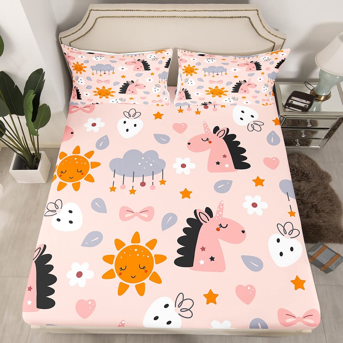 Sábana bajera de unicornio tamaño King, funda de cama con 2 fundas de almohada, juego de ropa de cama de 3 piezas para decoración de habitación de niños y niñas, ropa de cama de poliéster suave