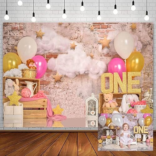 SENDY Globo rosa dorado pastel Smash Sweet One Girl 1er cumpleaños telón de fondo nube de ladrillo retro juguete de pared de oso fotografía fondo de