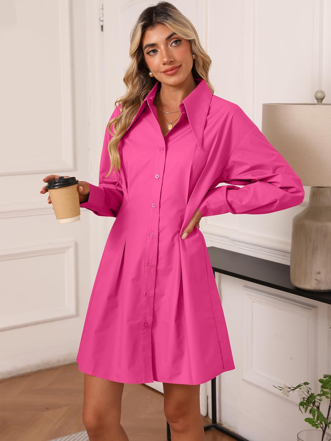 Womens Button Down Shirt Dresses Cotton Button Up Tunics Long Sleeve Solid High Low Blouse Waist Up Dress - Image 6