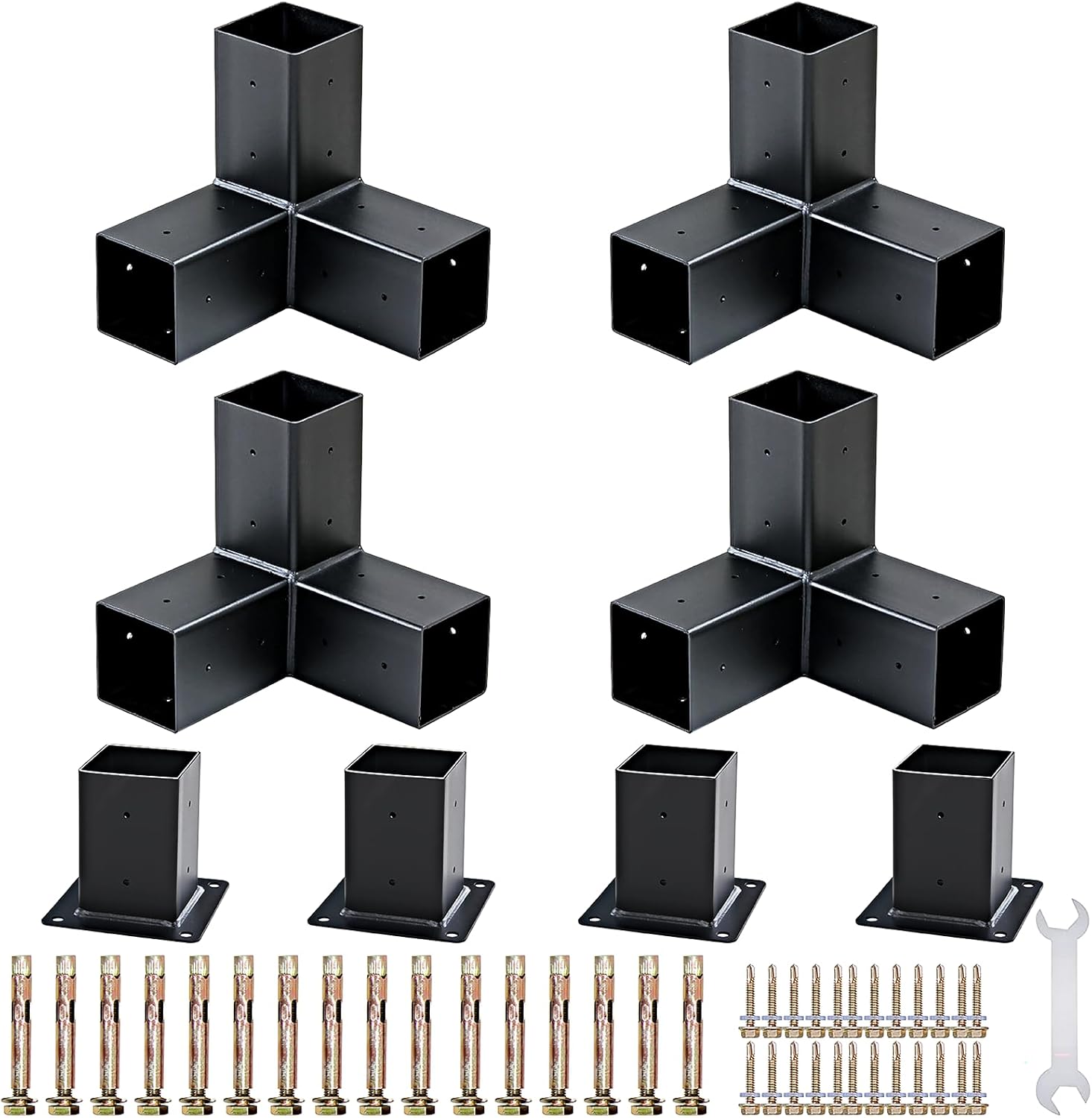 Pergola Bracket Kit, 6x6 Powder-Coated Carbon Steel Post Bracket, Right Angle Woodworks Pergola Kit, Thickened Plate Outdoor Pergola Hardware Kit, 4 Bracket Shoulders 4 Boots Includes Screws