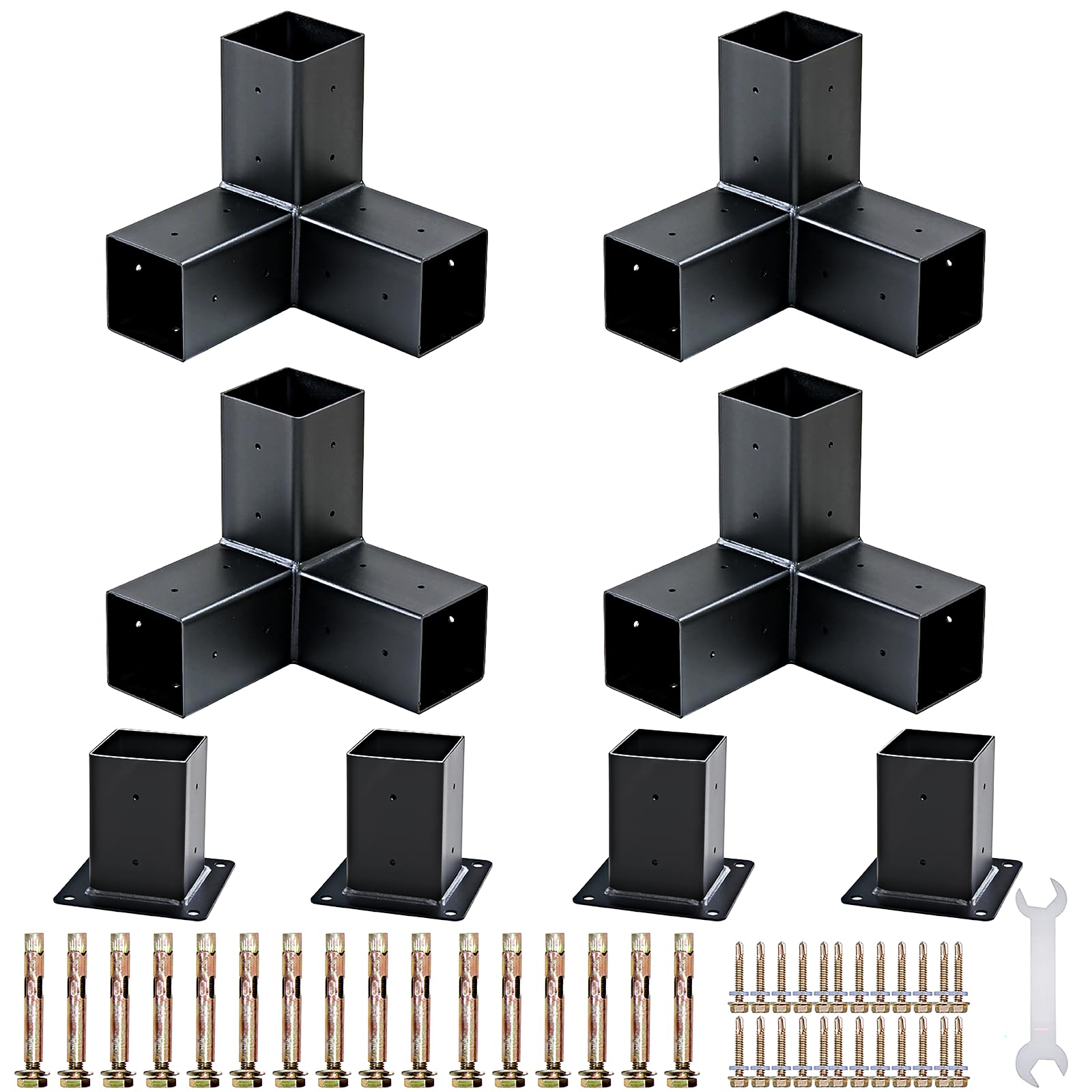 Kit de soporte para pérgola, soporte de poste de acero al carbono recubierto de polvo de 6 x 6, kit de pérgola de carpintería en ángulo recto, kit de herramientas de pérgola de placa gruesa para