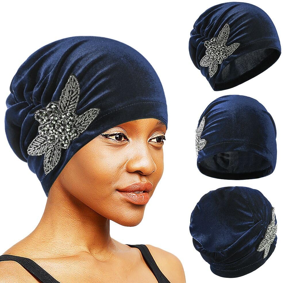 Women Elastic Velvet Turban Hat Twist Pleasted Cancer Chemo Beanie Cap Ruffle Rhinestone Hair Loss Head Wraps Headwear