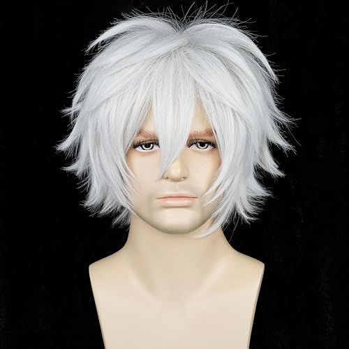 LABEAUTÉ Short Sliver White Cosplay Wig Male Unisex Anime Fluffy Cosplay Hair Wigs for Halloween Party + Free Cap - SLIVER