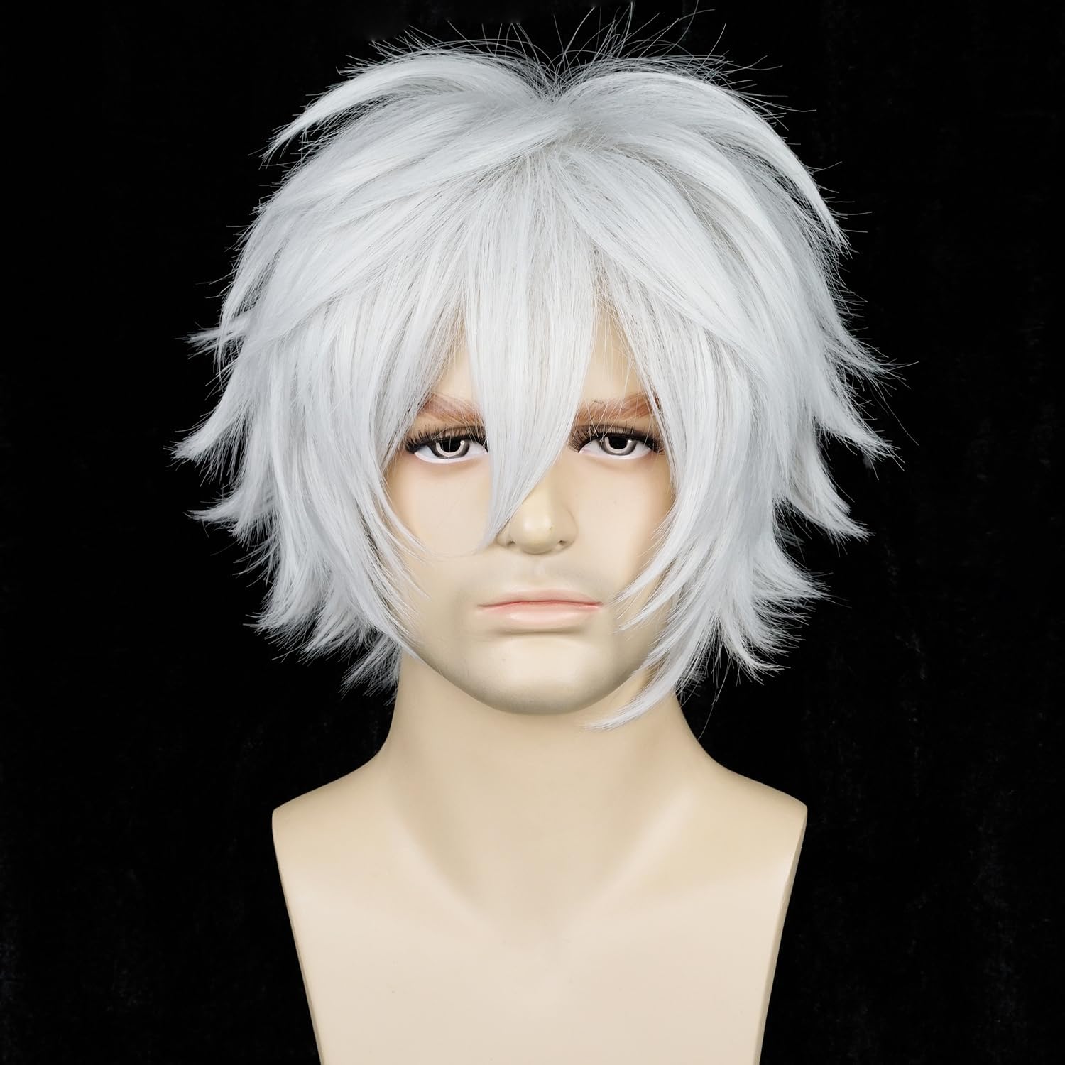 LABEAUTÉ Short Sliver White Cosplay Wig Male Unisex Anime Fluffy Cosplay Hair Wigs for Halloween Party + Free Cap