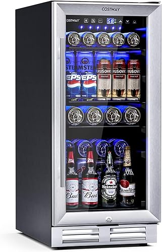 COSTWAY Refrigerador de bebidas de 15 pulgadas, mini refrigerador de 3.5 pies cúbicos con puerta de cristal, cerradura y estantes extraíbles para
