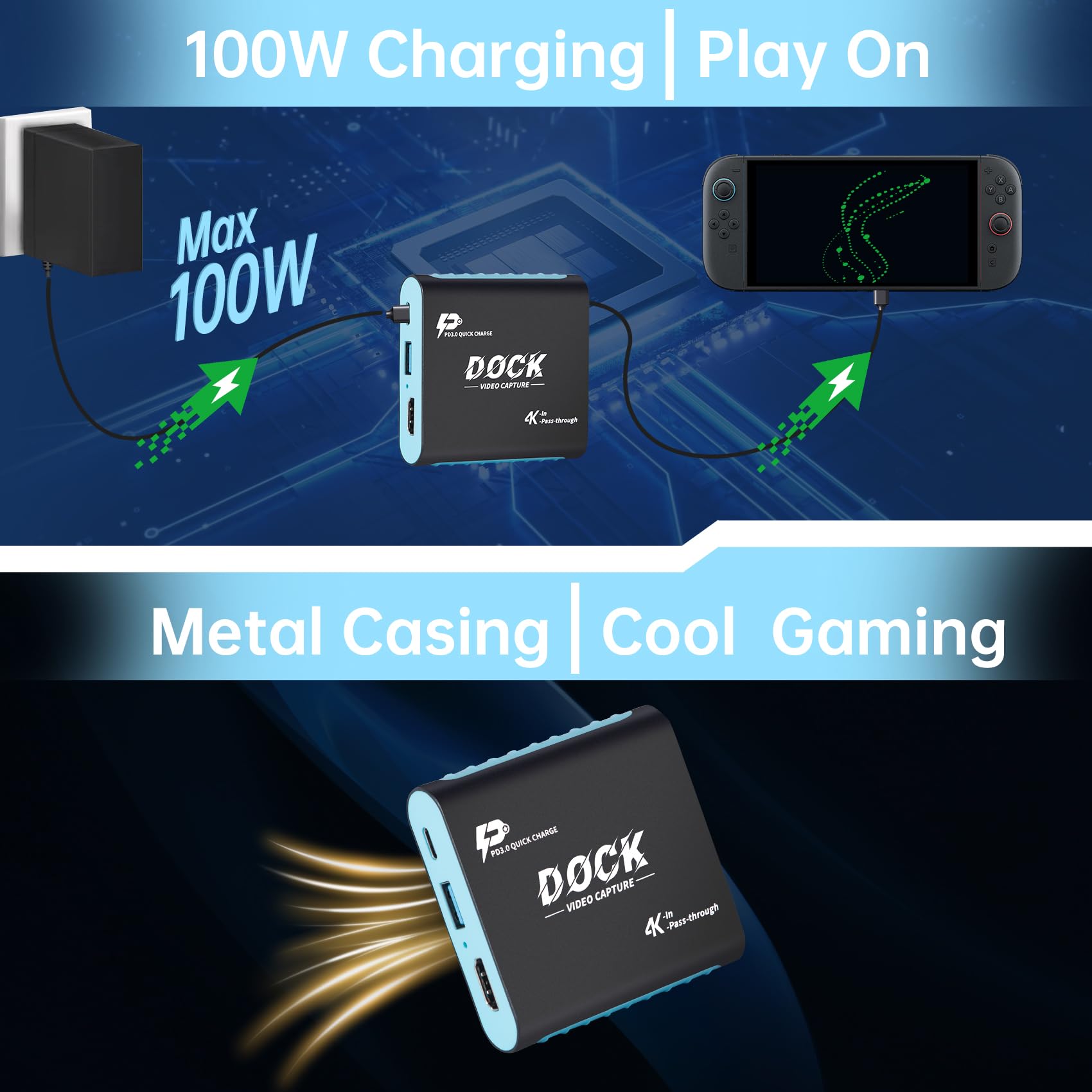Docking station e acquisizione 2 in 1 per Nintendo Switch 2/Switch/Steam Deck-1080P 60Hz, USB3.0, docking station HDMI 4K con ricarica USB-C PD 100W | Dock da viaggio portatile per streaming di giochi