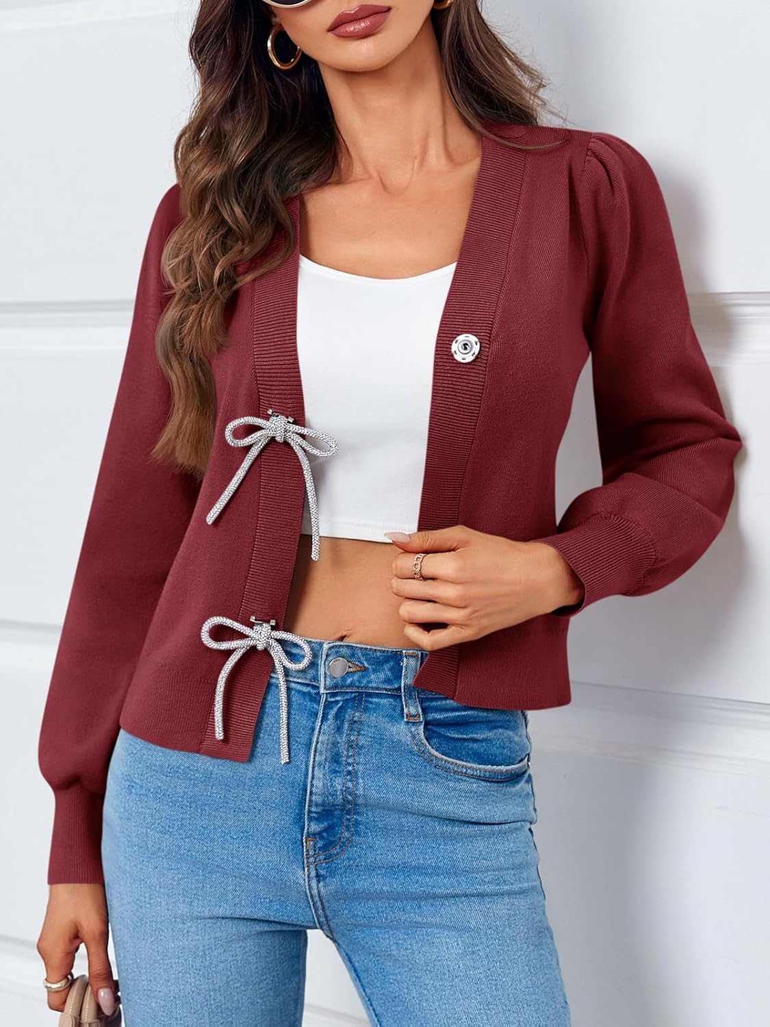 Saodimallsu Womens Bow Button Front Cardigan Sweaters V Neck Cropped Knit Sweater - Image 4