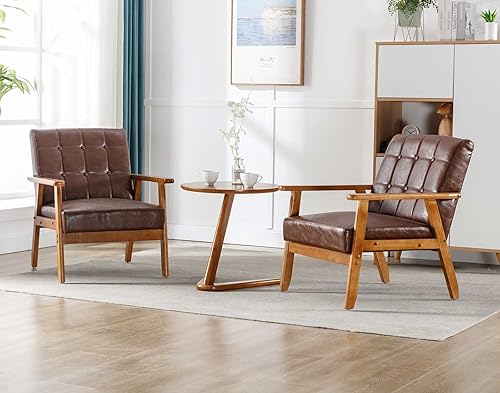 Juego de 2 sillas decorativas de mediados de siglo con mesa auxiliar, sillón moderno de cuero con madera maciza retro, acogedora silla de sala de