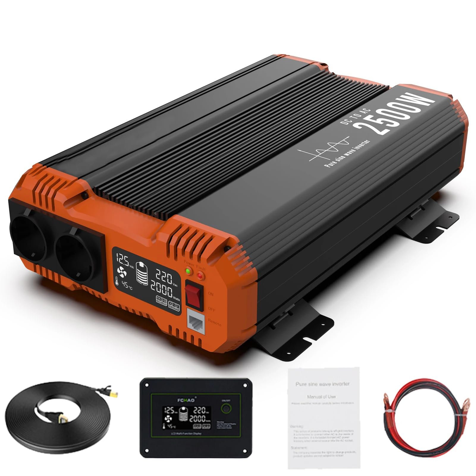 2500W(5000W Peak Power) Car Power Inverter 12v to 220v Pure Sine Wave Voltage Transformer Power Converter with LCD Display and 2 EU Sockets Inverter For Home and RV with Remote Controller 3M Cable