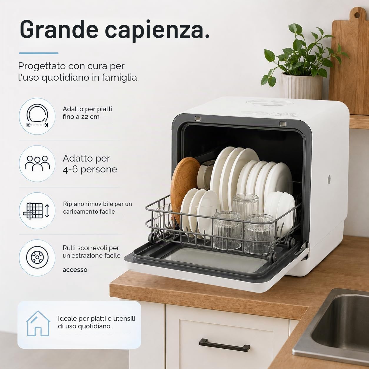 Lavastoviglie da tavolo per 4 – 6 coperti, 6 l, serbatoio dell'acqua integrato, mini lavastoviglie con senza collegamento dell'acqua, 4 programmi di pulizia, touch control e display a LED