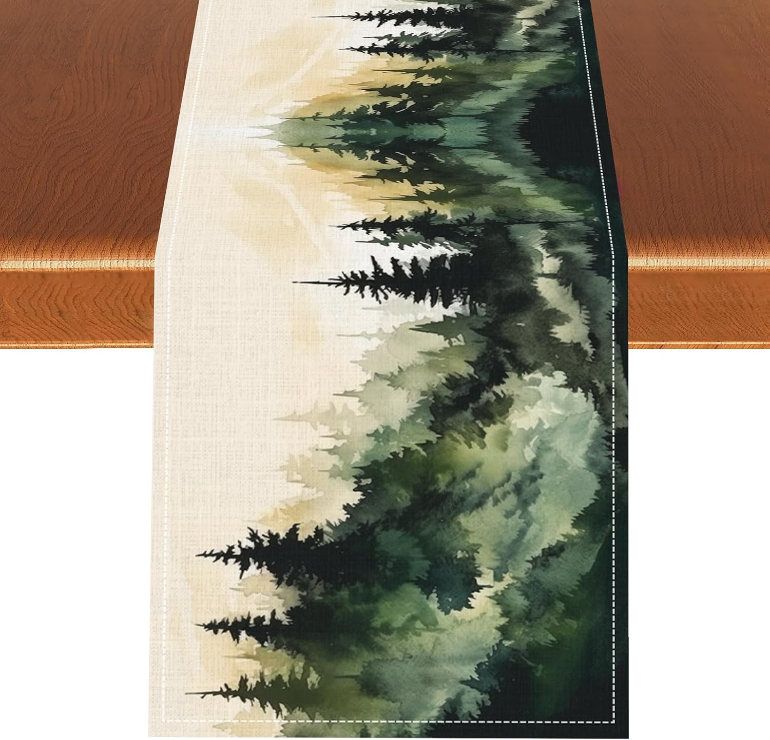 Watercolor Forest Table Runner, Rustic Pine Forest Foggy Mountain Landscape Tree Seasonal Kitchen Dining Table Scarf for Kitchen Living Room Home Indoor Outdoor Party Decor 13x36