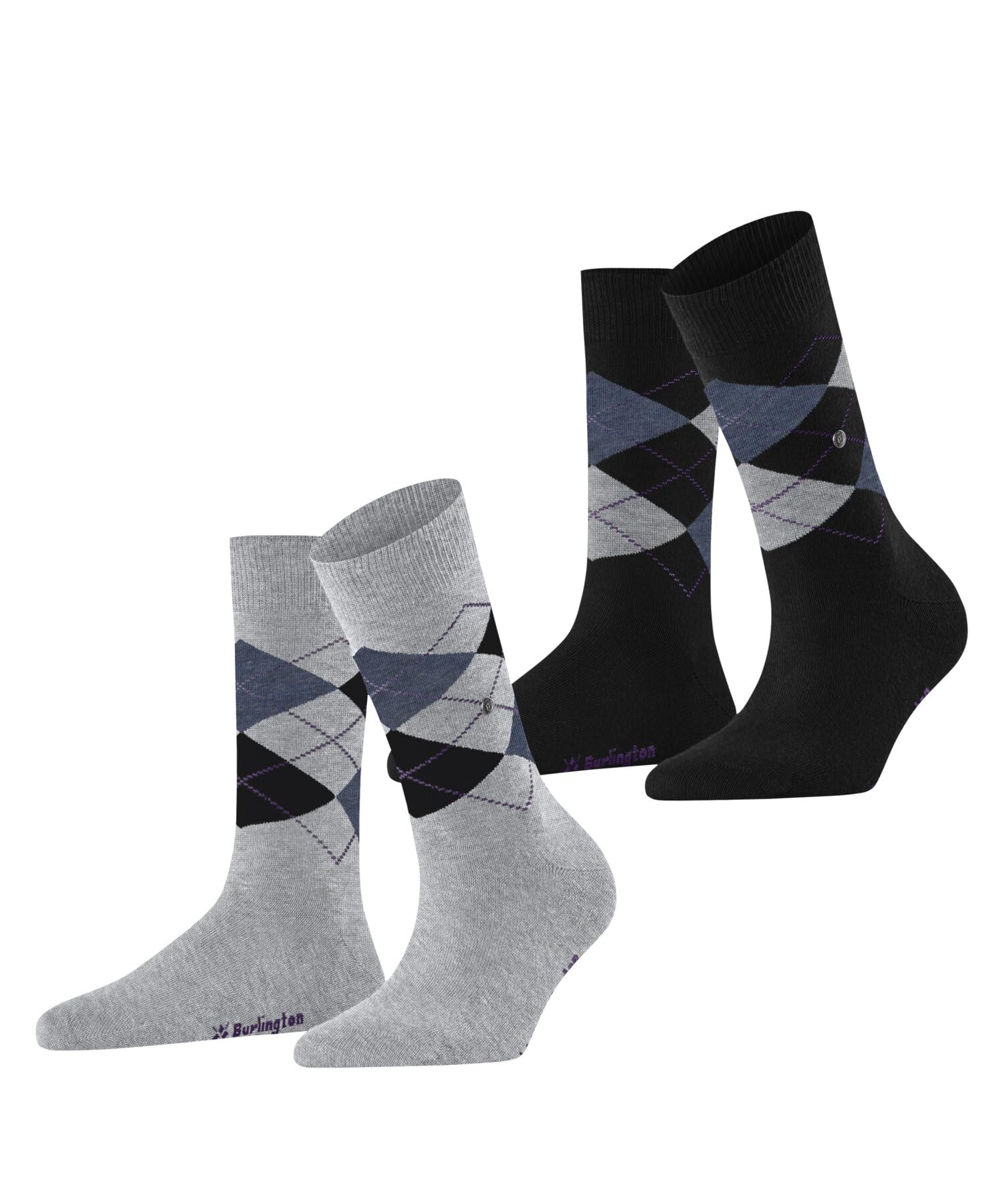 Burlington Women's Grey Light Heather 3223 Everyday Argyle W So Cotton Patterned 2 Pairs Socks, 3.5-7