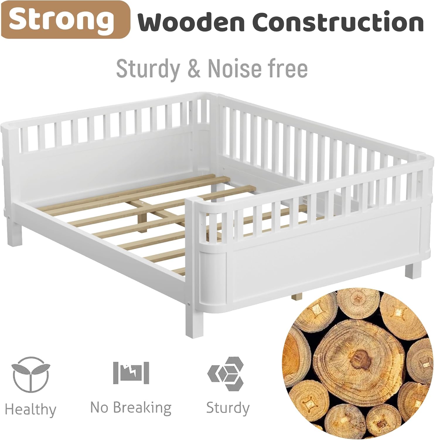 Full Size Bed Frame Kids with Rails, Wood Montessori Bed with Slats Support, Modern Daybed with Detachable Side Bed Rails for Boys Girls Bedroom,Low to Ground Design, White
