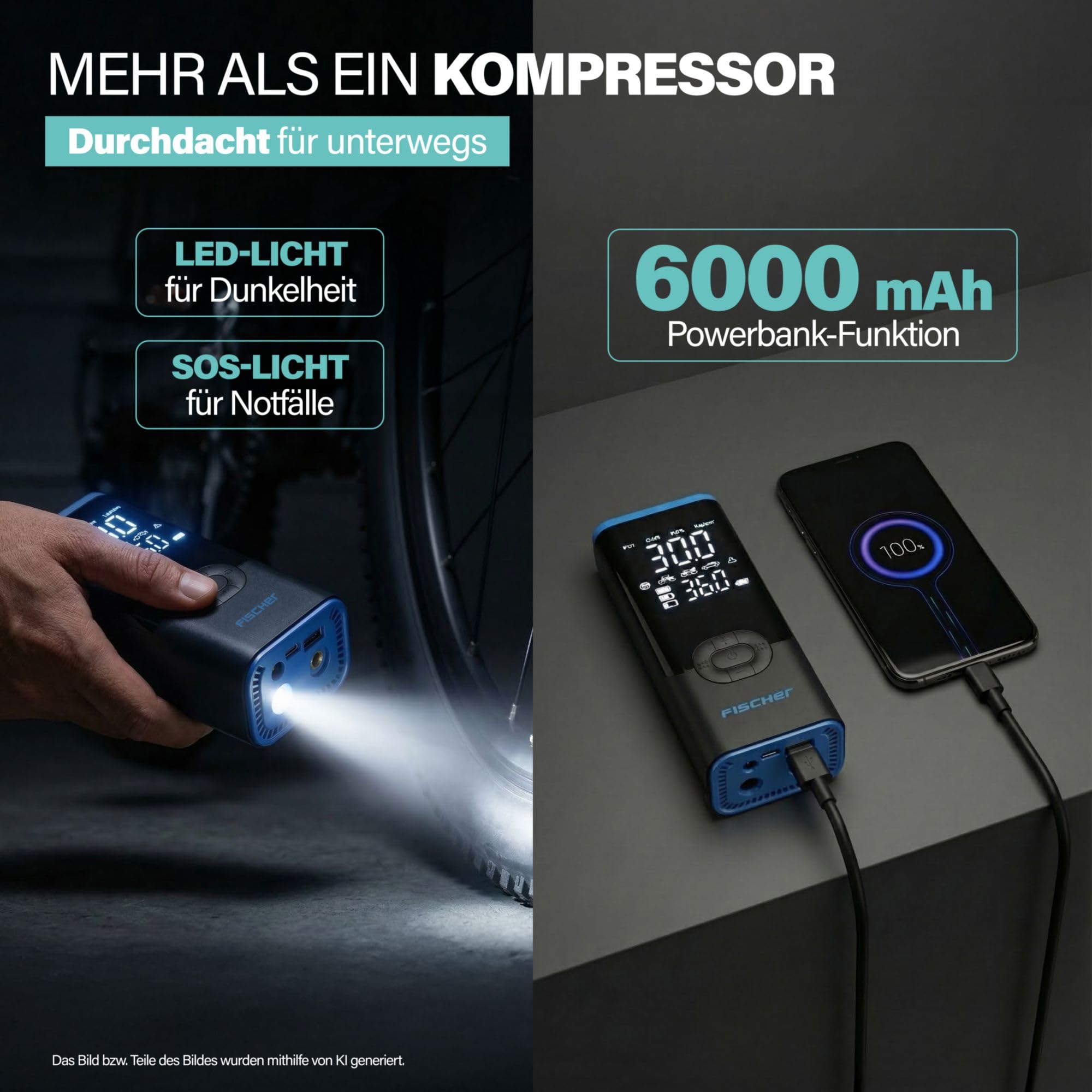Fischer Akku-Kompressor AP Power Duo inkl. Powerbank, schnelles Aufpumpen, Einstellbarer Zieldruck mit Autostop, Taschenlampe mit SOS, Druck und Batterieanzeige, 3 bis 150 PSI, 12 V Autoanschluss