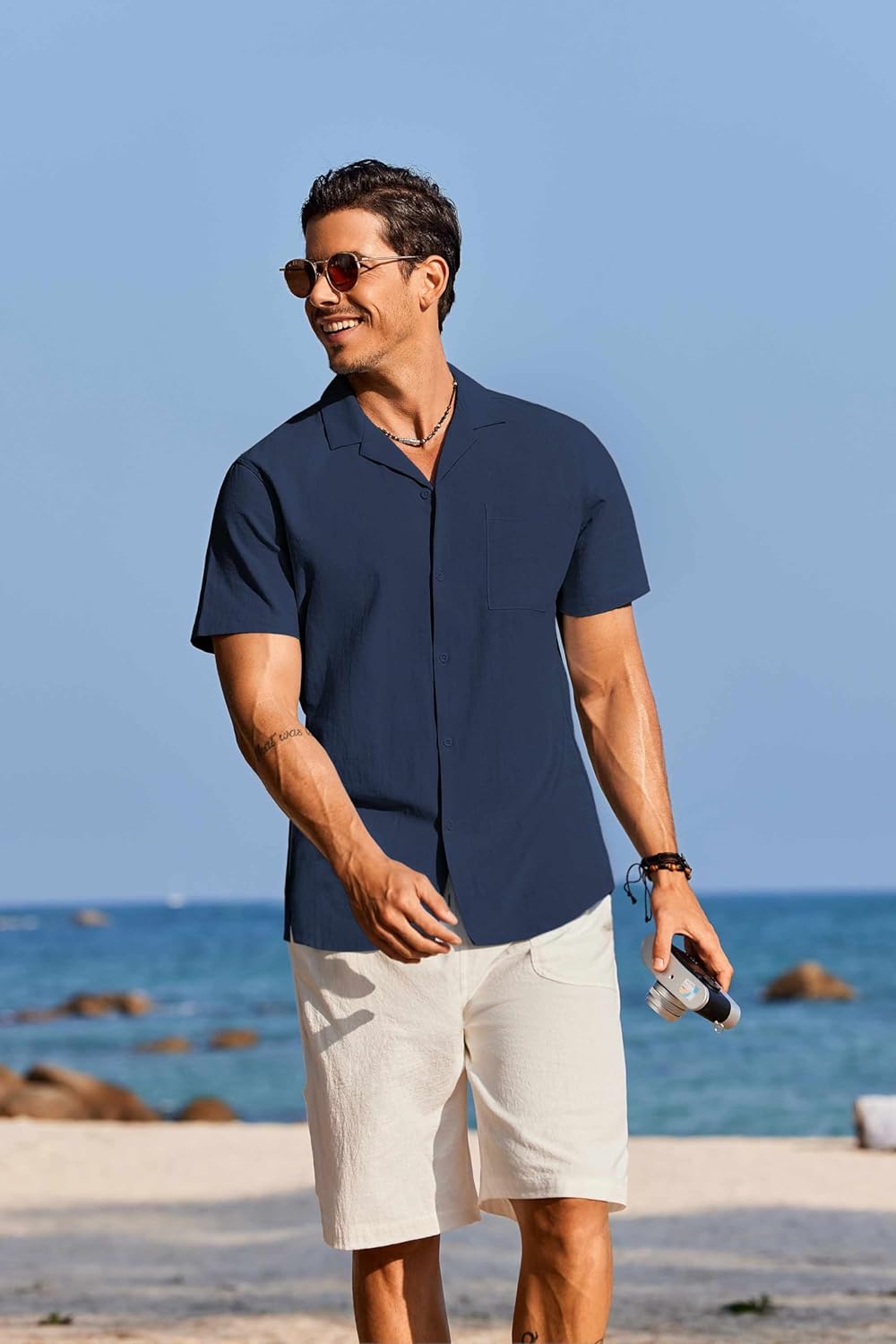 COOFANDY Mens Cotton Linen Shirt Casual Button Down Short Sleeve Shirts Summer Cuban Vacation Beach Shirts with Pocket - Image 2