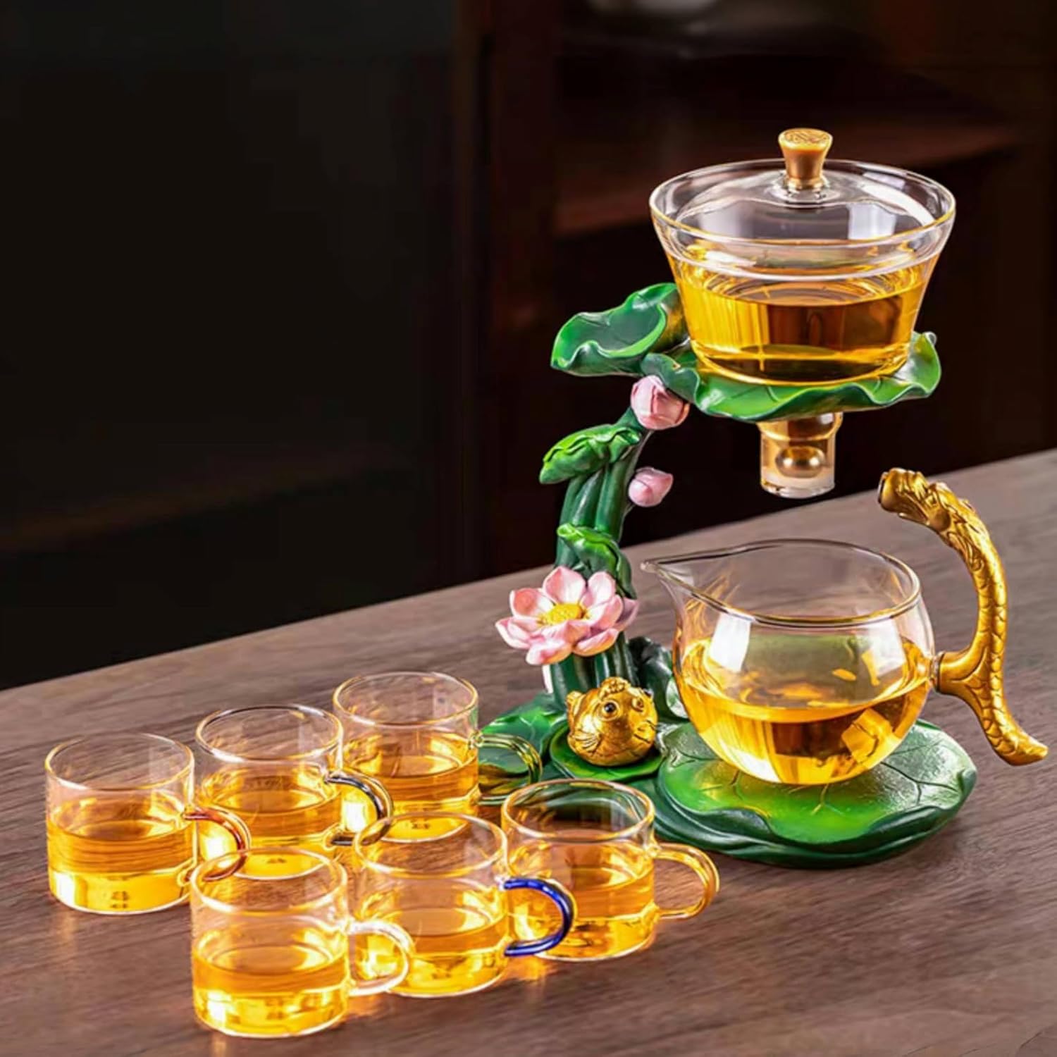Glass Teapot with Infuser Chinese Gongfu Tea Set,6 cups,Magnetic Semi Automatic Design for Loose Leaf Tea