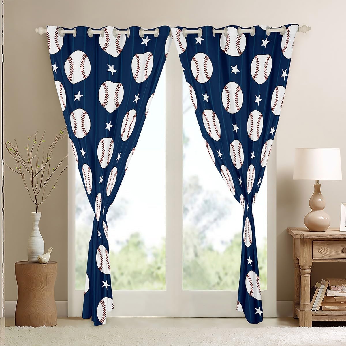 Feelyou Baseball Curtains for Bedroom Living Room (2 Panels, 38 x 45 Inch) Sports Game Room Darkening Blackout Curtain Baseball Gaming Darkening Dreapes Ball Window Treatments Navy Blue image 4