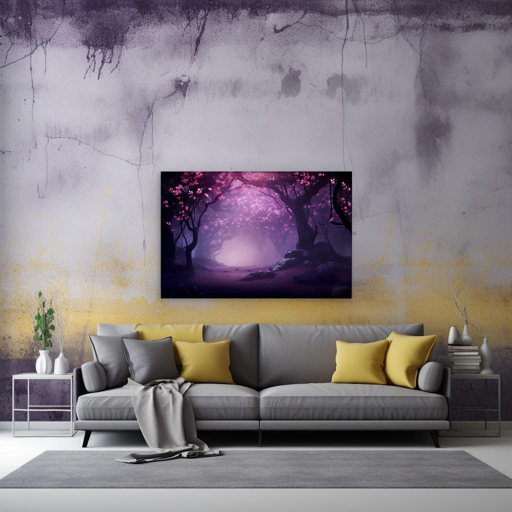 Canvas for Living room. Whispers of Color: A Hauntingly Beautiful Journey Through the Mist-Enshrouded Purple Forest, 27 x 18 inch Canvas Wall Art - Contemporary Masterpieces - Modern Home Decor