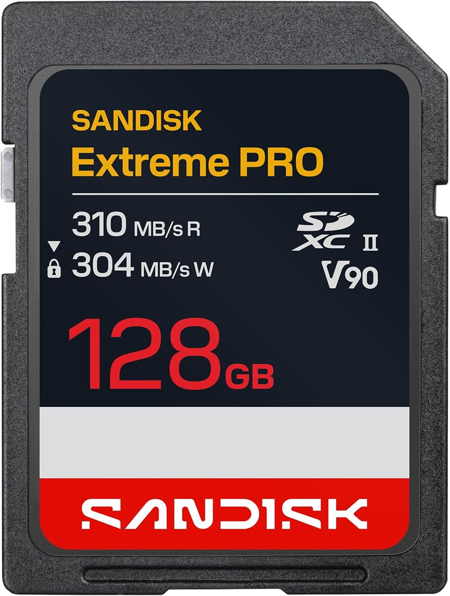 Tarjeta de memoria SANDISK Extreme PRO SD UHS-II V90 de 128 GB - Velocidades de lectura de hasta 310 MB/s, velocidades de escritura de hasta 304 MB/s, 8K, IP68 resistente al agua y al polvo - SDSDXDE-128G-GN4IN | Hasta 310 MB/s de lectura, hasta 304 MB/s de escritura, UHS-II, V90, vídeo 8K