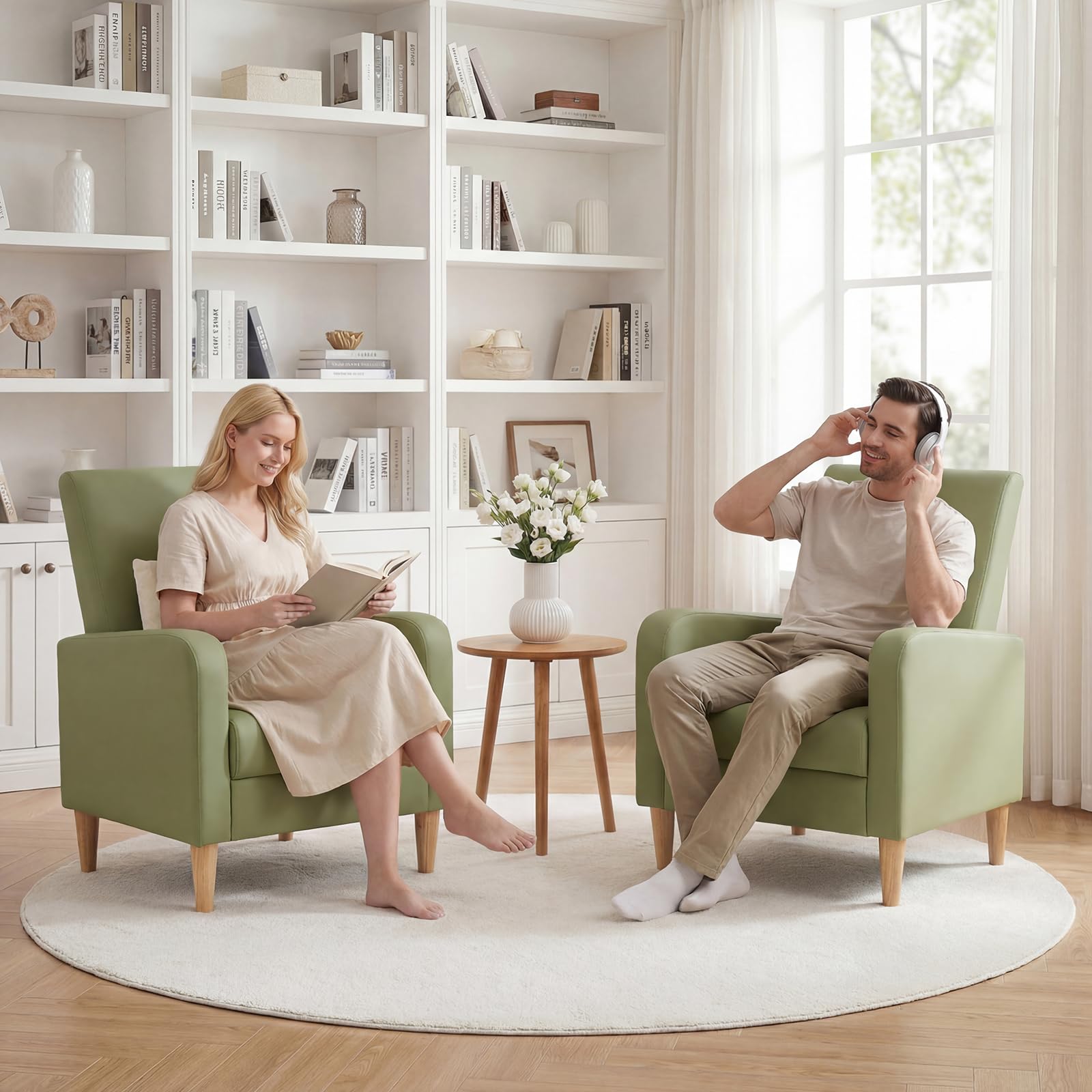 COLAMY Accent Chairs Set of 2, Faux Leather Living Room Chairs with Back Pillow & Solid Wood Legs, Mid-Century Modern Ch — product photo