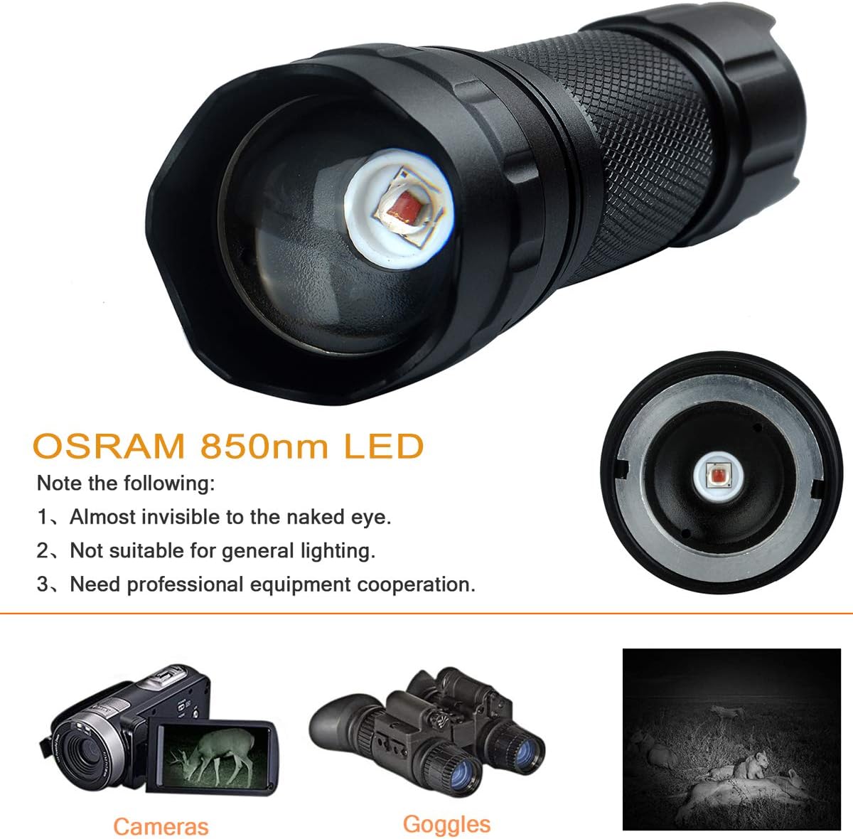 ULTRAFIRE 850nm IR Illuminator Adjustable Focus LED IR Flashlight Infrared Light,Stepless Dimming Hunting Flashlight for Night Vision Devices,Infrared Illuminator Torch with Charger and UFB26