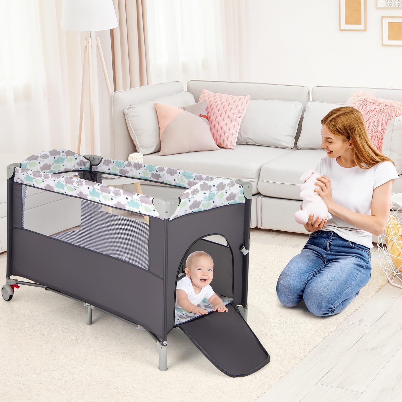 COSTWAY 5 en 1 Cuna Bebé con Ruedas Bloqueables, Cuna de Viaje con Cambiador, Juguetes Colgando, Caja de Música, Colchón y Bolsa de Transporte, Cama Infantil de 2 Niveles (Gris)