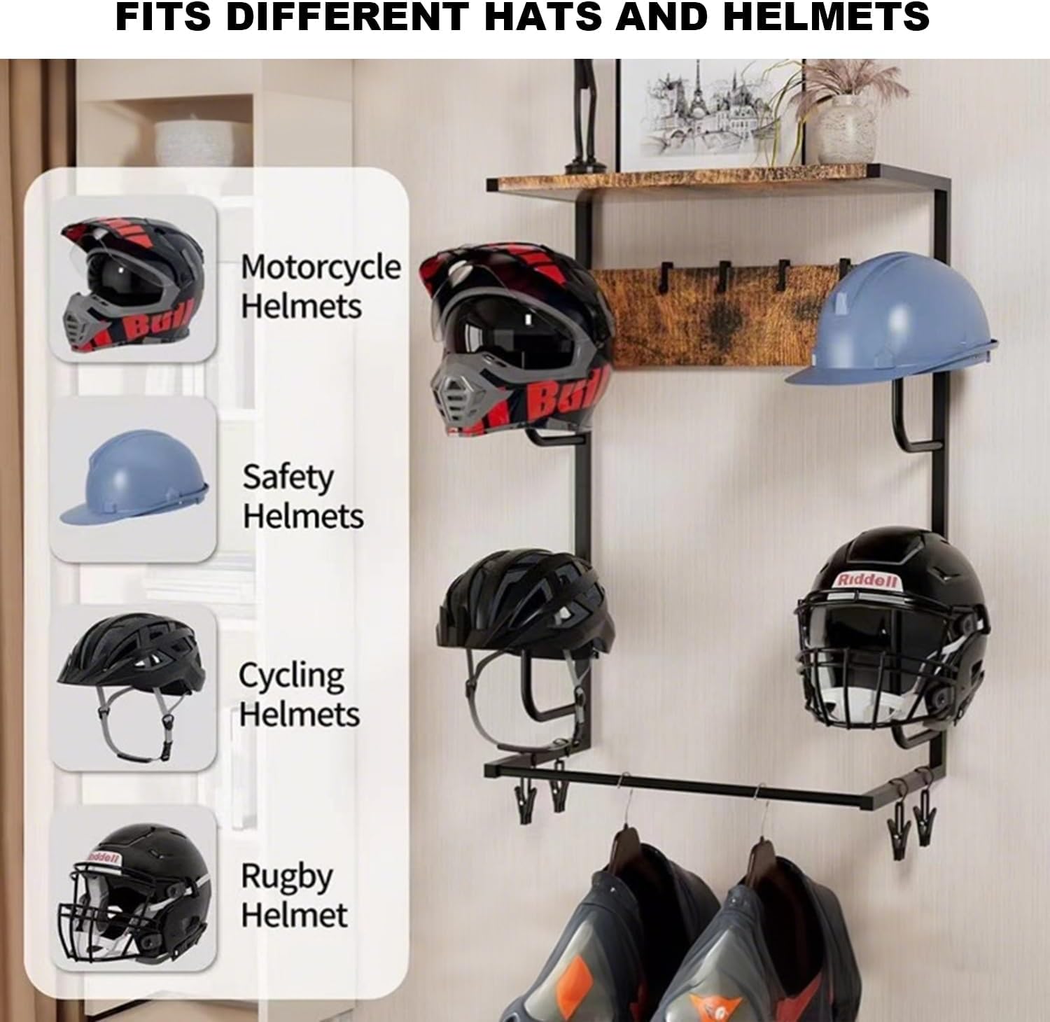 Motorcycle Helmet Holder Wall Mount, Helmet Rack with 4 Hat Stands 4 Gloves Clips & Hooks, Universal Motorcycle Accessories Organizer, Helmet Holder Wall Mount for Gear and Storage