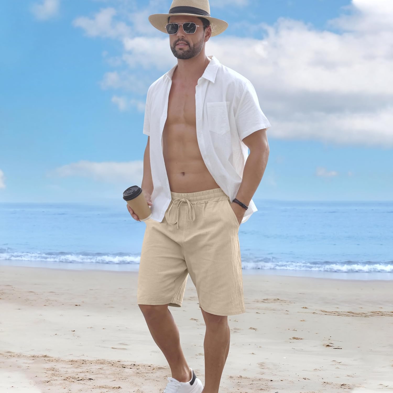 Mens Linen Shorts Casual Drawstring Elastic Waist Lightweight Breathable Summer Beach Shorts for Men - Image 4