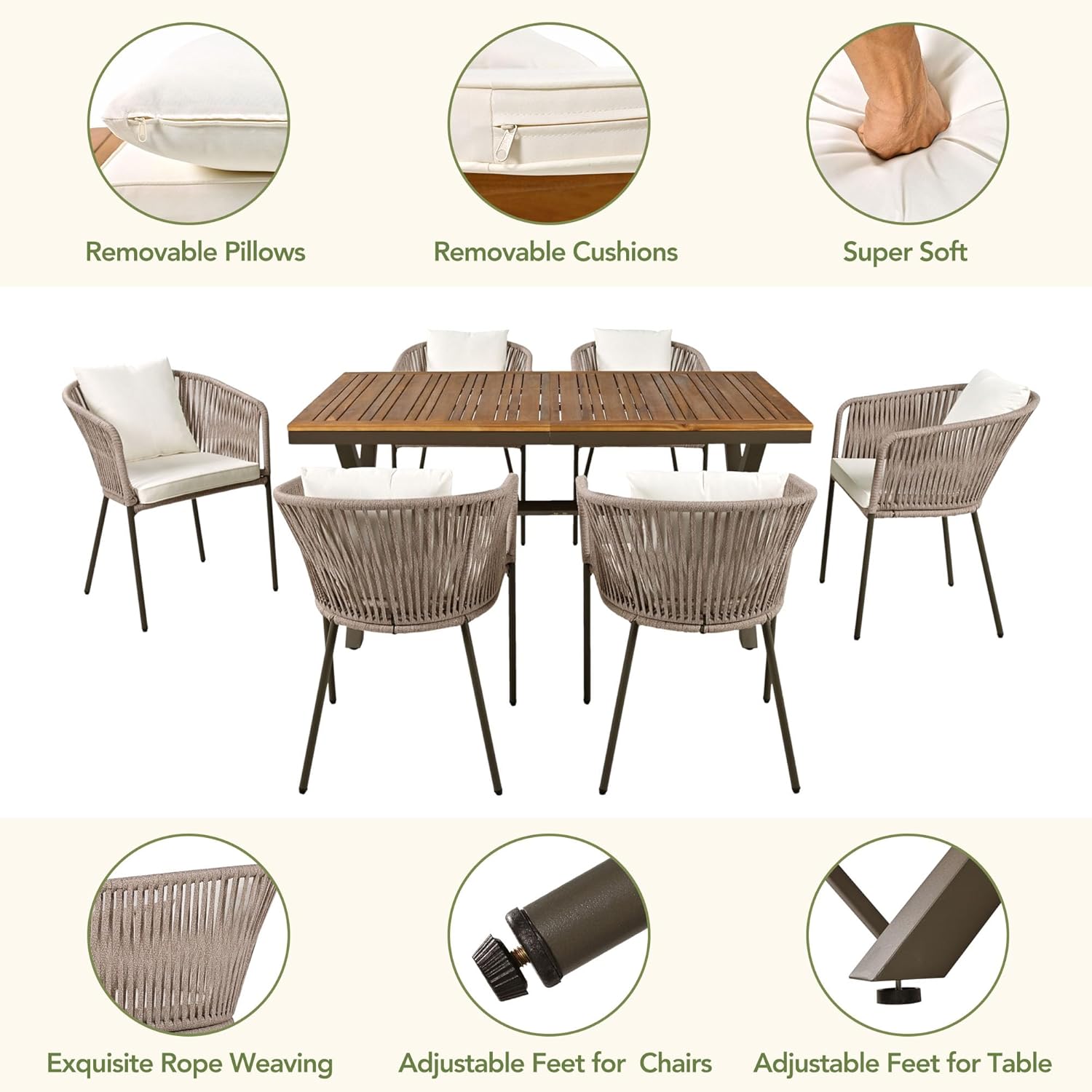 7 Pieces Patio Dining Table Set,All-Weather Outdoor Furniture Set with Acacia Wood Tabletop and Adjustable Feet,for Porch Lawn Balcony Vourtyard Garden (Beige@Rope)