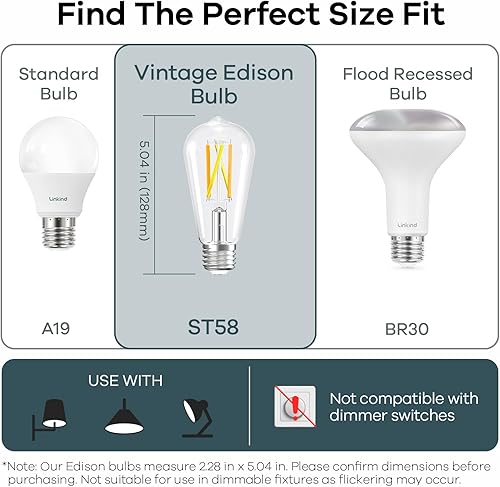 Miniatura 6 de Linkind Bombillas inteligentes Edison, bombillas Edison WiFi de 2700 K-6500 K sintonizables con control remoto, 8 W 60 W equivalentes a regulables