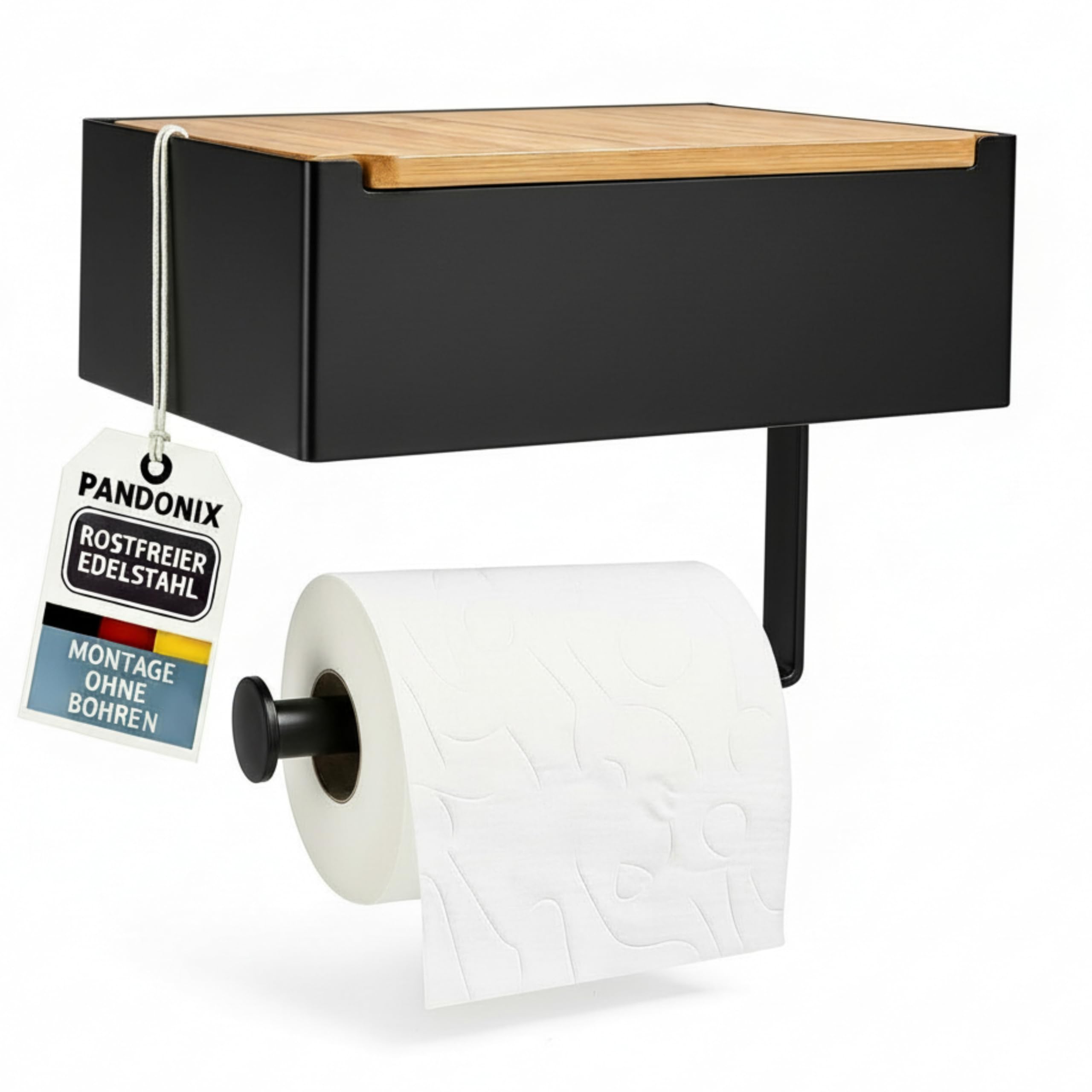 Pandonix® Toilettenpapierhalter mit Feuchttücherbox - Edelstahl & Bambus - Toilettenpapierhalter ohne Bohren - [Schwarz] - klopapierhalter mit feuchttücherbox