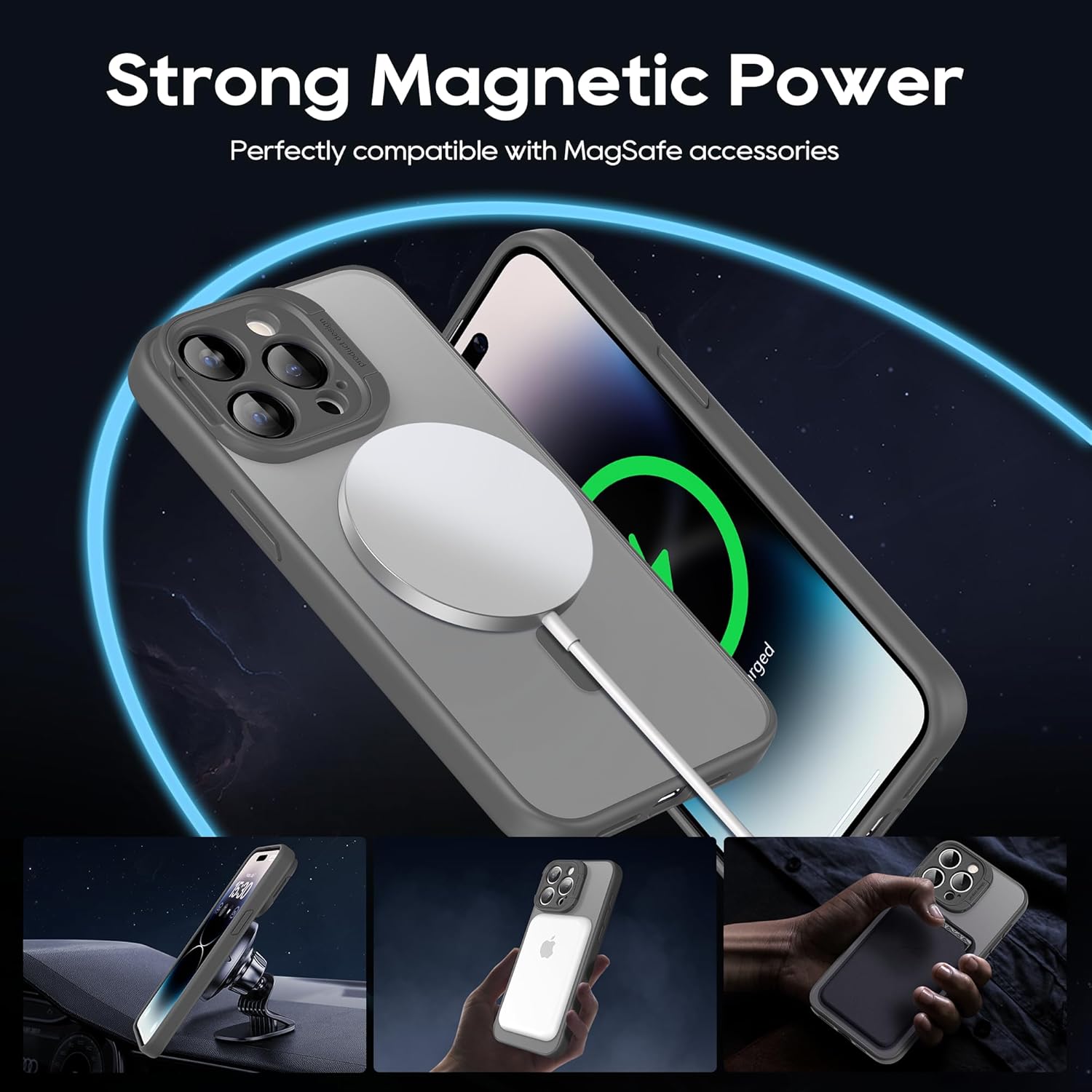 Magnetic for iPhone 15 Pro Max Case with Stand, Camera Kickstand with Screen Protector Compatible with Magsafe Shockproof Translucent Matte Cases 6.7-Inch (2023), Camera Gray