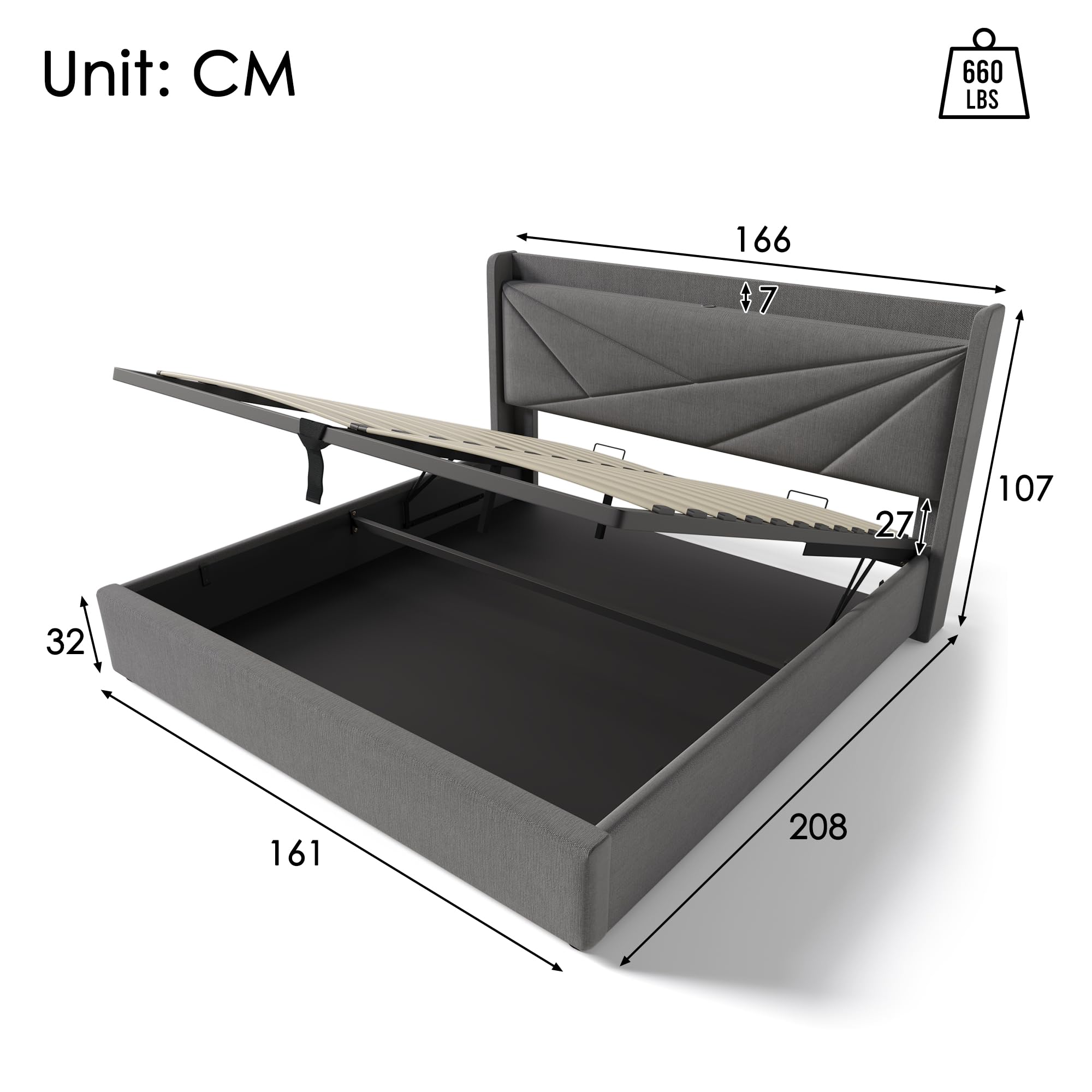 MURUL Letto imbottito per letto matrimoniale, contenitore con funzione di ricarica USB tipo C, testiera, con rete a doghe, telaio in tessuto di lino, per ragazzi (grigio, 160 x 200 cm)