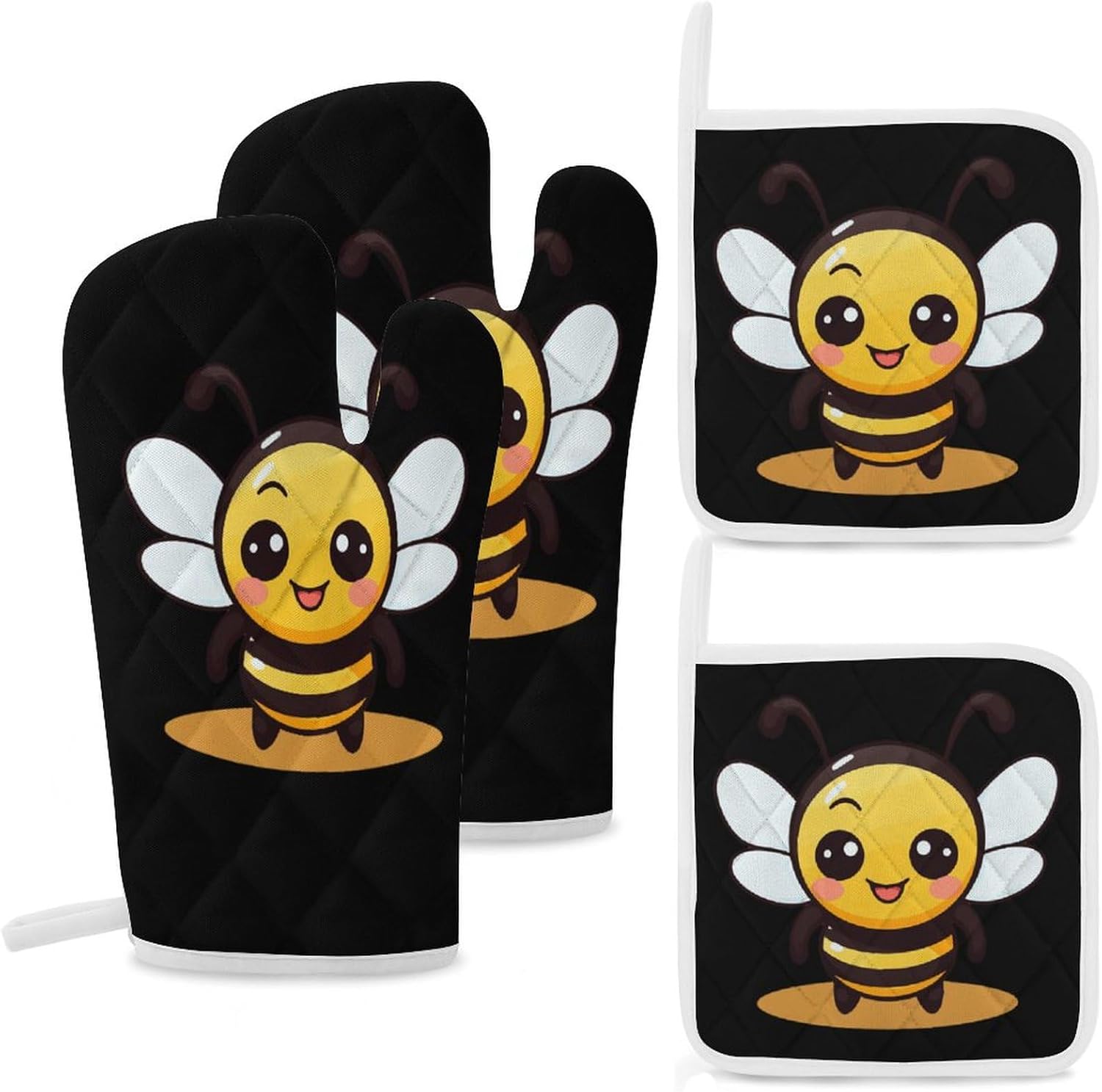 Cute Bee 4 Pcs Oven Mitts and Pot Holders Set High Heat Resistant Long Kitchen Oven Glove Potholders