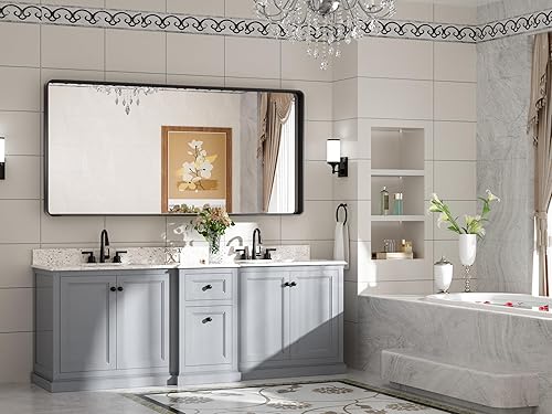 Miniatura 239 de TETOTE Espejo de 60 x 36 pulgadas para baño, espejo de tocador dorado de latón cepillado, espejo de pared grande rectangular con marco de metal Oro