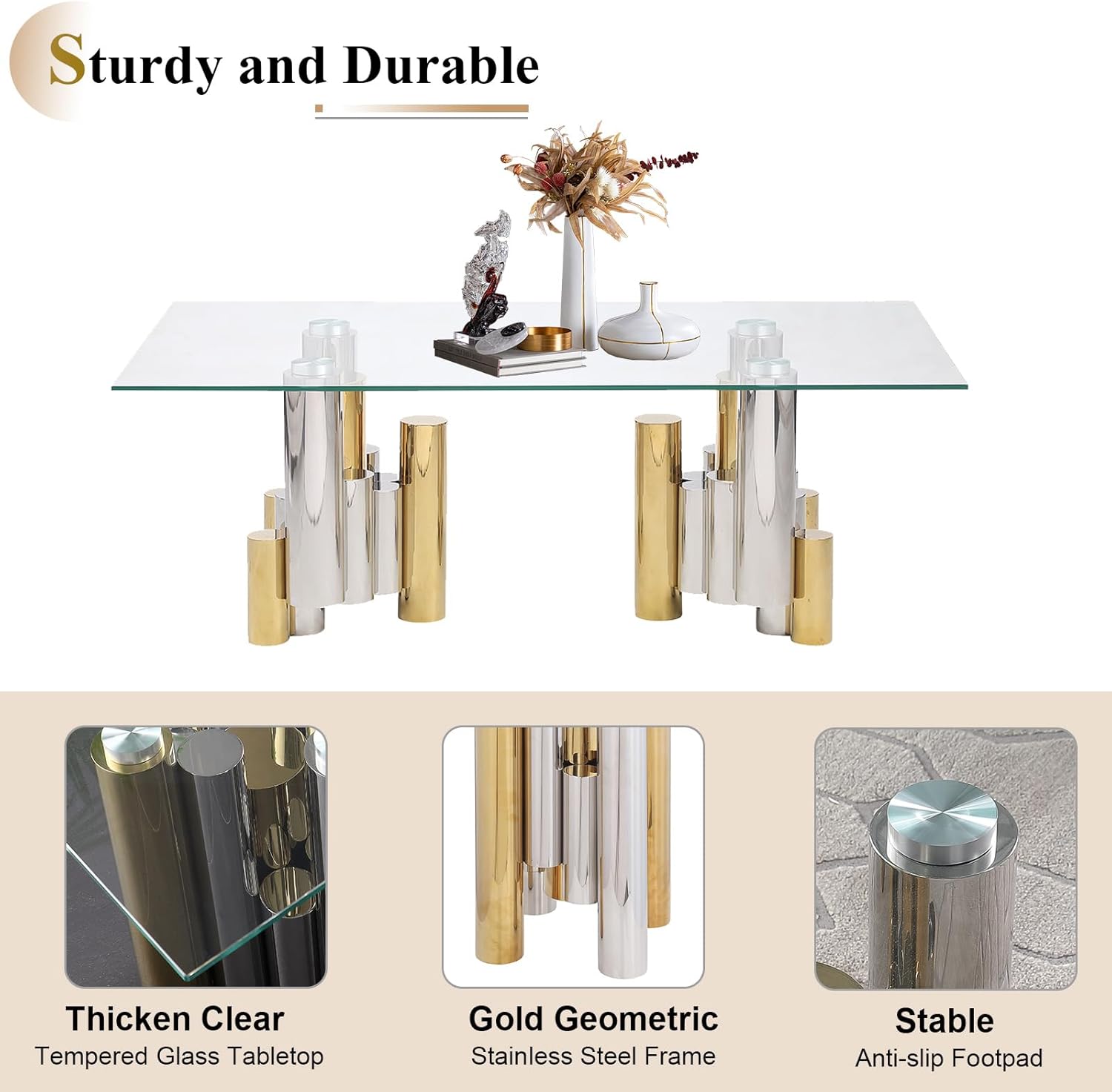 Goujxcy Modern 48/'' Rectangular Glass Coffee Table, Unique Luxury Tea Table with Gold Silver Irregular Stainless Steel Base, Elegant Cocktail Center for Living Room Home Ofiice, Gold 2-coffee Tab