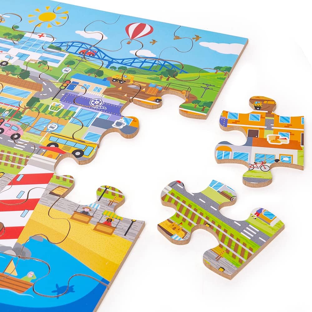 Bigjigs Toys Transport Town Floor Puzzle - 48 Piece Wooden Puzzle for 2+ Years, Quality Wooden Jigsaw Puzzles for Kids, Unique Toddler Toys & Toddler Puzzles