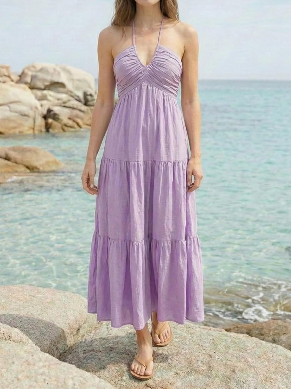 Women's Casual Halter Tiered Vacation Maxi Dress with Pockets