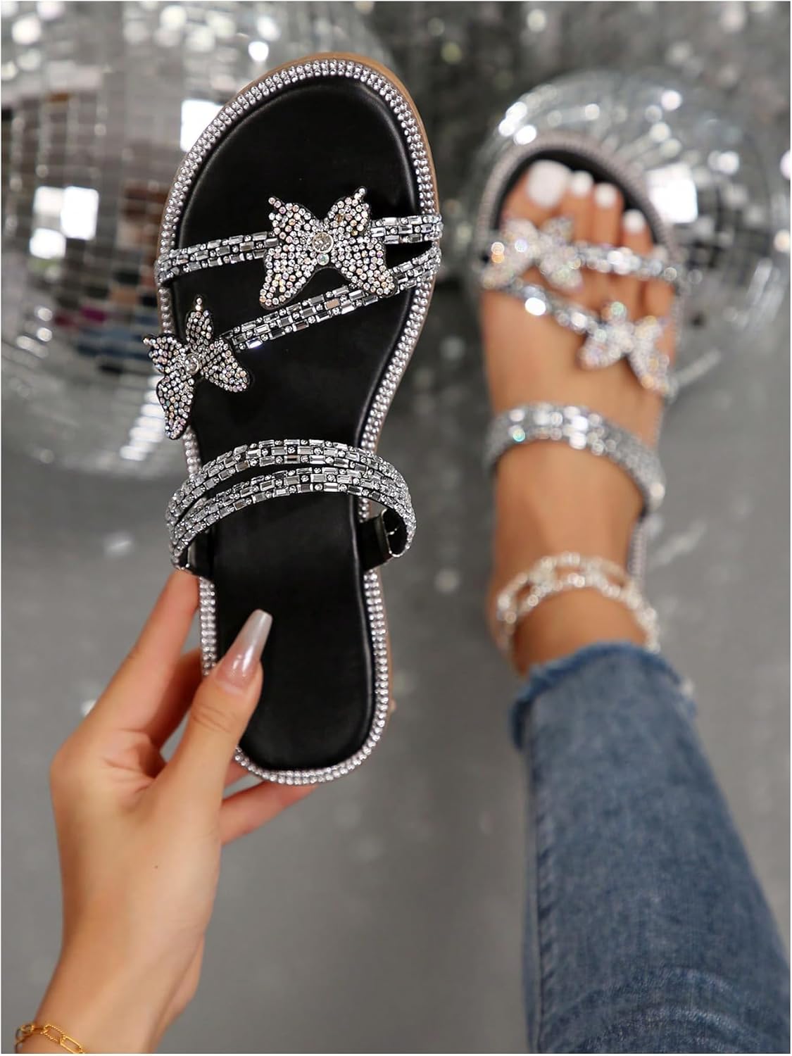 OYOANGLE Women's PU Leather Rhinestone Sandals Butterfly Strappy Flat Open Toe Elegant Slides Sandals - Image 2